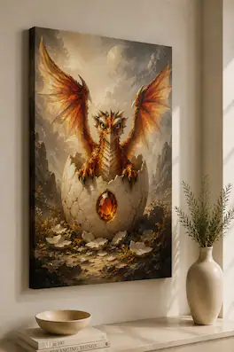 FC Design - Large Amber Baby Dragon Wall Art Canvas Print 24x36" Mythical Mountain Majestic Hatchling Painting for Home Decor - MultiColor