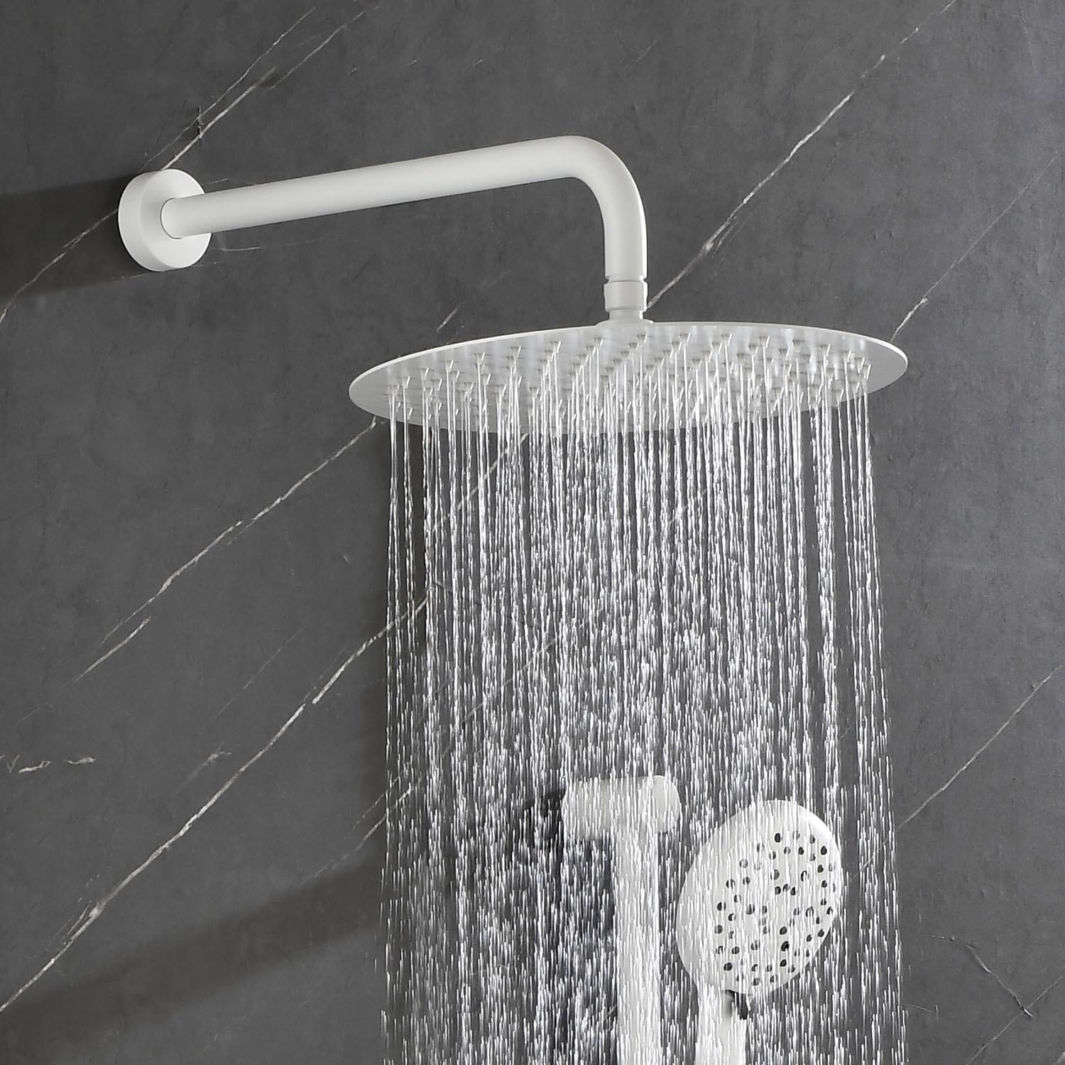 Angle. DOMETOUR - 12" Round Rainfall Shower System with Handle Shower and with 3 Body Spray (include Valve) - White.