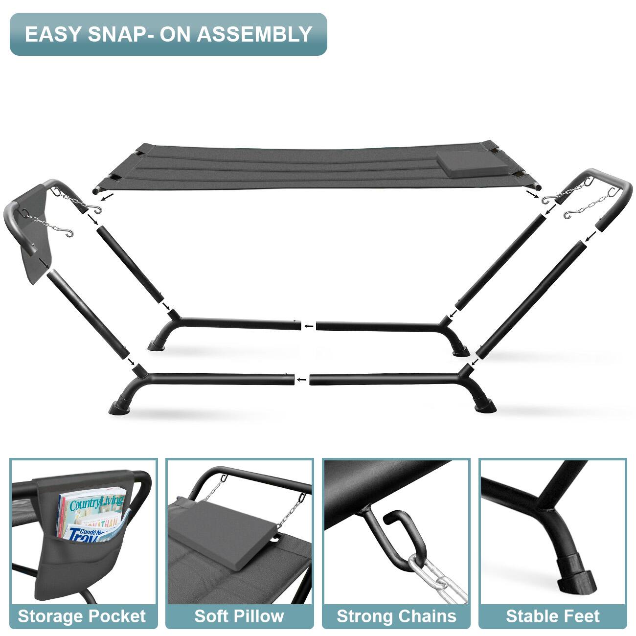 EASY SNAP-ON ASSEMBLY

- Storage Pocket
- Soft Pillow
- Strong Chains
- Stable Feet