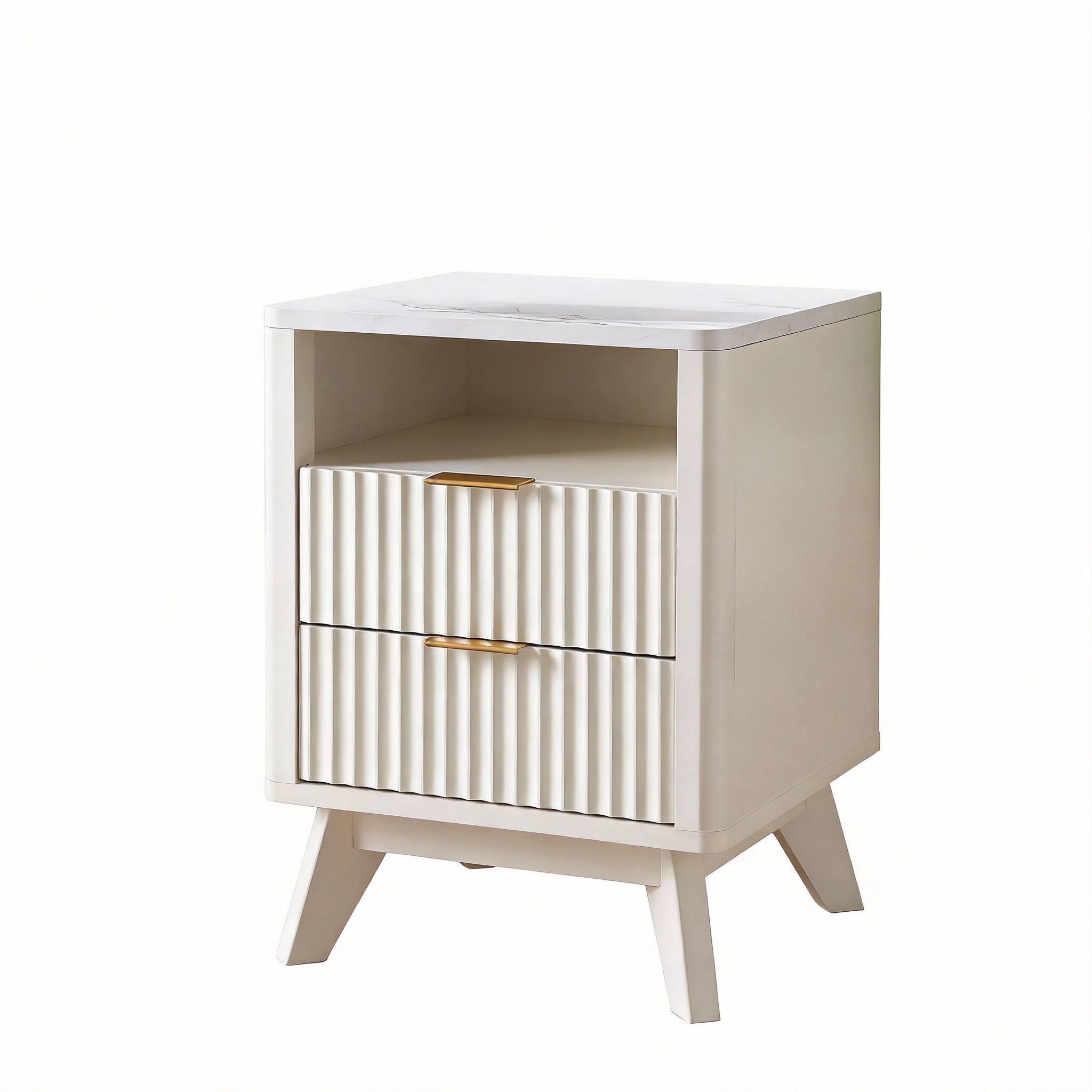 Front. CovertSafe - 18" Fluted Nightstand Charging Station Faux Marble Drawers Curved 2 Drawers - Solid White 1PC.