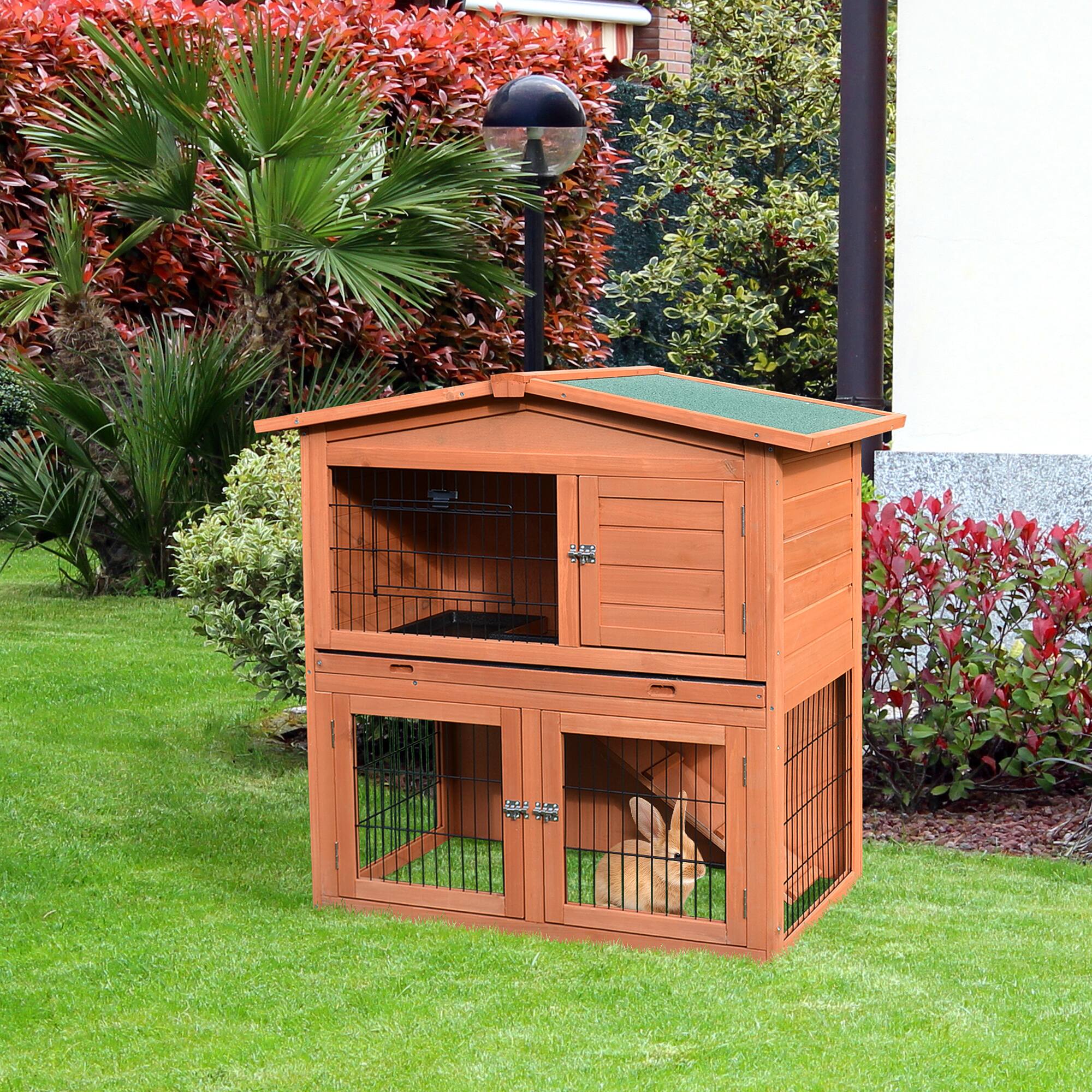 Angle. Pawhut - 40" Wooden Rabbit Hutch Bunny Cage Small Animal House with No Leak Tray, Ramp, Weatherproof Roof for Outdoor.