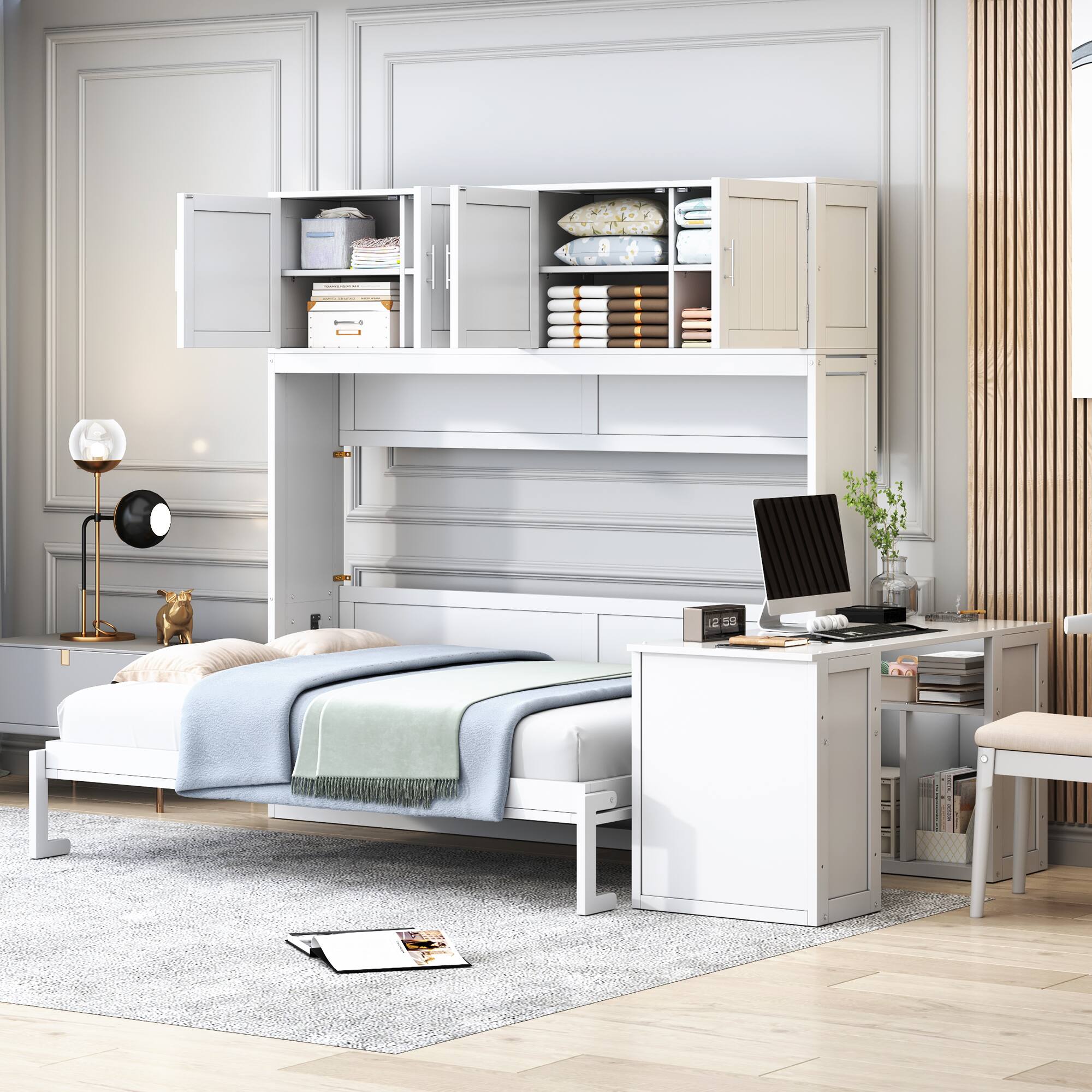 Angle. Tiramisubest - Queen Size Wall Murphy Bed with Desk, Storage, White Wood, Space-Saving - White.
