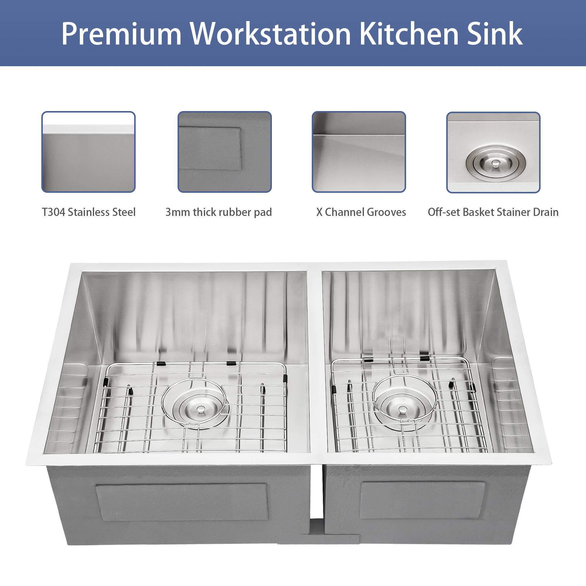Premium Workstation Kitchen Sink

- T304 Stainless Steel
- 3mm thick rubber pad
- X Channel Grooves
- Off-set Basket Strainer Drain