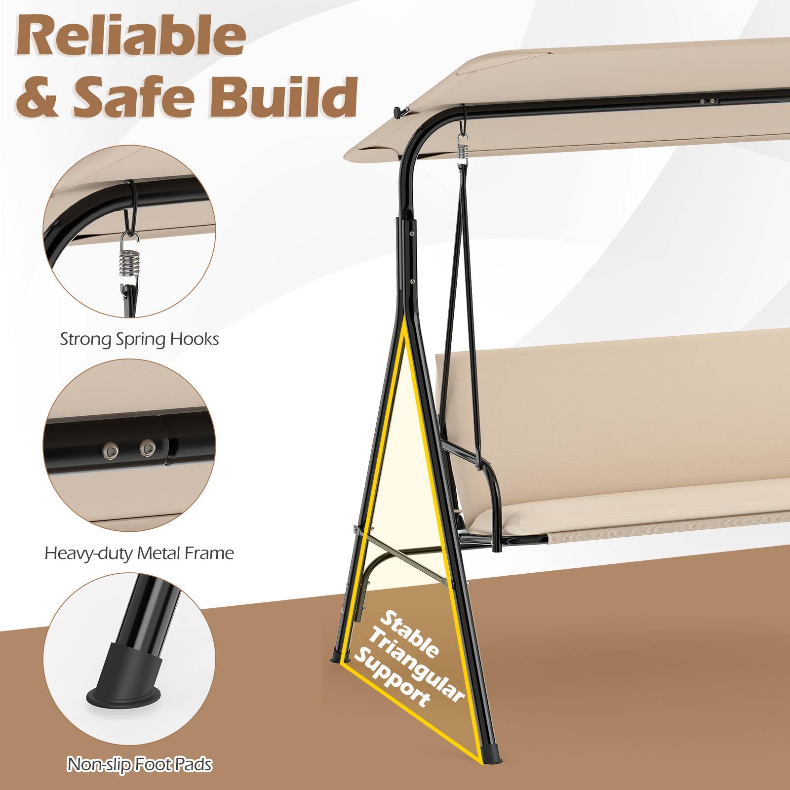 Reliable & Safe Build

Strong Spring Hooks

Heavy-duty Metal Frame

Non-slip Foot Pads

Stable Triangular Support