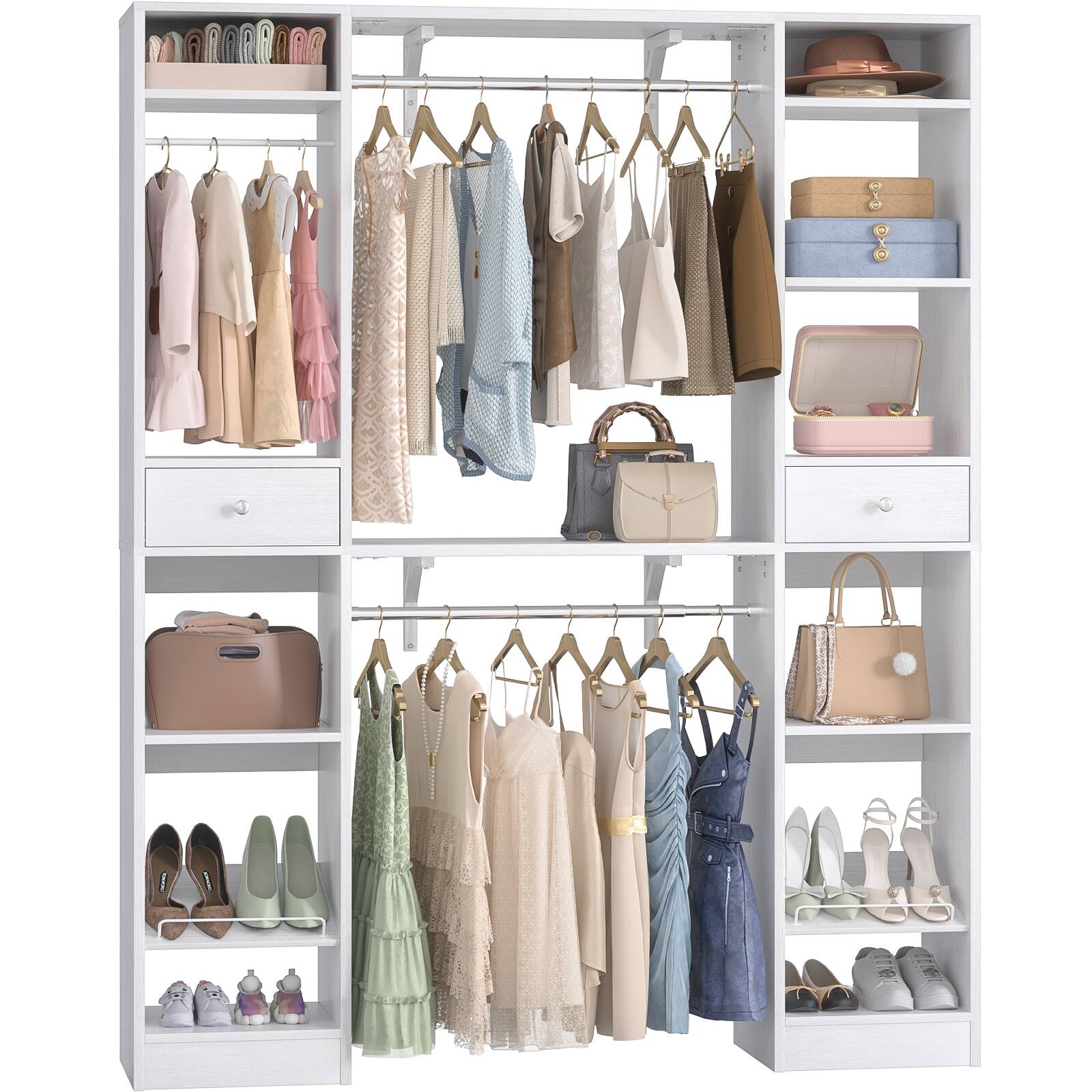Angle. Aheaplus - 58-90 Inch Heavy-Duty Wood Walk-in Closet Organizer - 3 Hanging Rods, 2 Drawers & Shoe Rack - Sturdy Reversible - White.