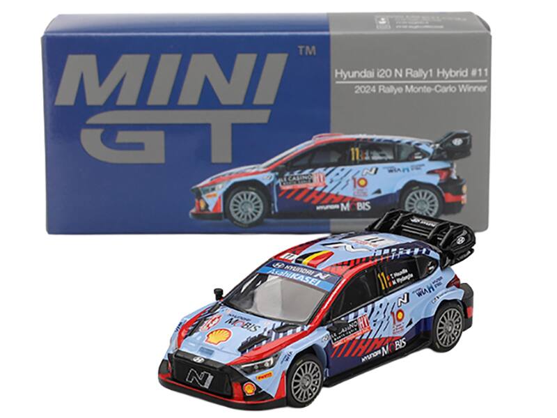 MINI GT  
Hyundai i20 N Rally1 Hybrid #11  
2024 Rallye Monte-Carlo Winner  

AsahiKASEI  
MOBIS  
Shell  
N  
ECALINO  
10  
HM  
MBIS  
M  
A  
$  
HYUNDR  
N  
Hoads  
Pydargle  
N  
WiAH  
MOBIS  
AN  
HI  
TIHE  
MOBIS  
M  
BIS