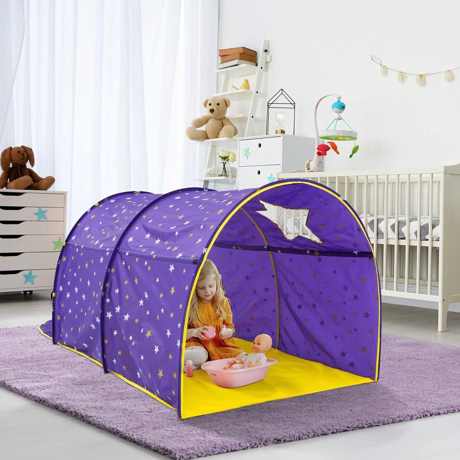 Alt View 8. Skar Audio - Starlight Bed Dream Play Tents Playhouse Space Sleeping Indoor Stars Pop Up Portable Frame Curtains - Pink.
