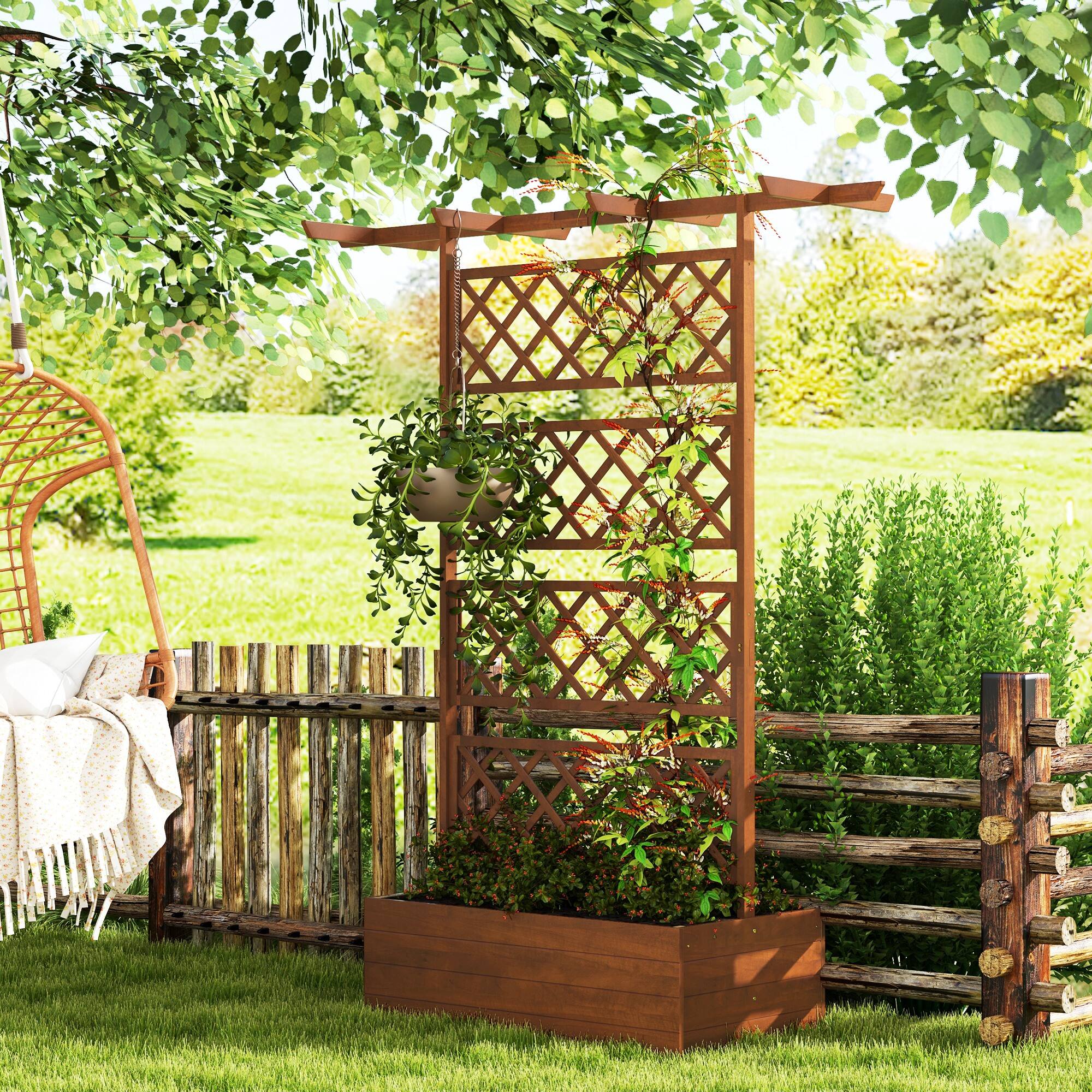 Alt View 1. Outsunny - Wood Planter Box with Trellis, Raised Garden Bed Privacy Screen Planter Box for Climbing Plants, 63" x 21.75" x 72" - Orange.