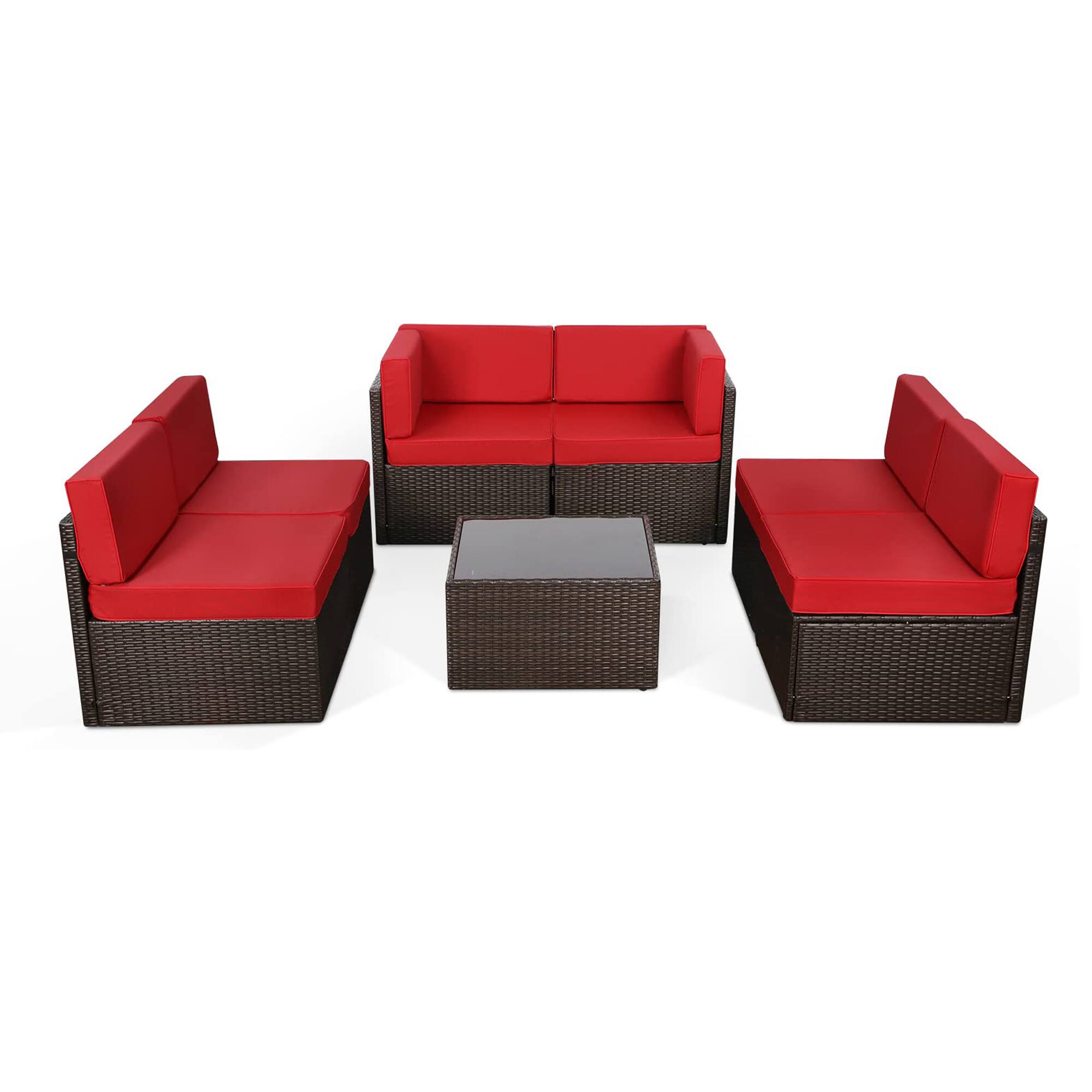 Alt View 2. Mondawe - 7-Piece Rattan Sofa Set with Polyester Cushions - Brown+Red.