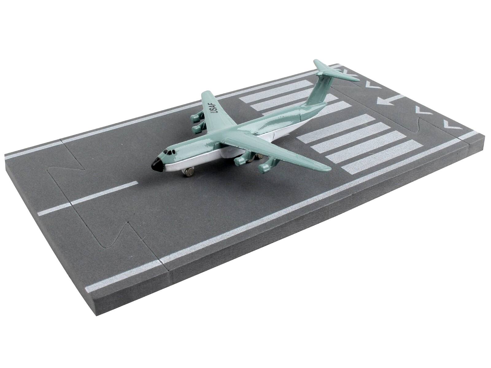 Left. Runway24 - Lockheed C-5 Galaxy Transport Aircraft Gray and White United States Air Force with Runway Section Diecast Model Airplane - Gray and White.