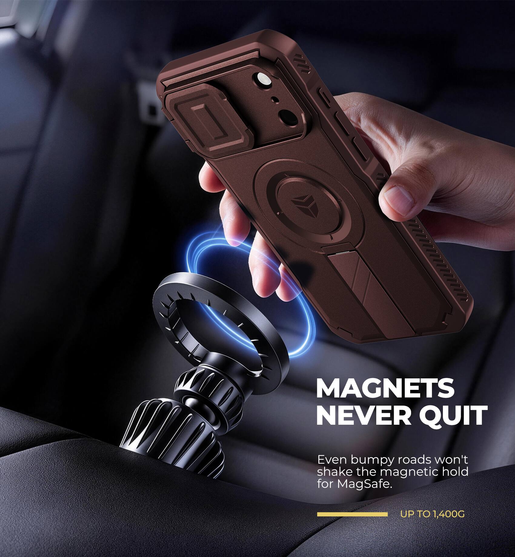 MAGNETS NEVER QUIT

Even bumpy roads won't shake the magnetic hold for MagSafe.

UP TO 1,400G