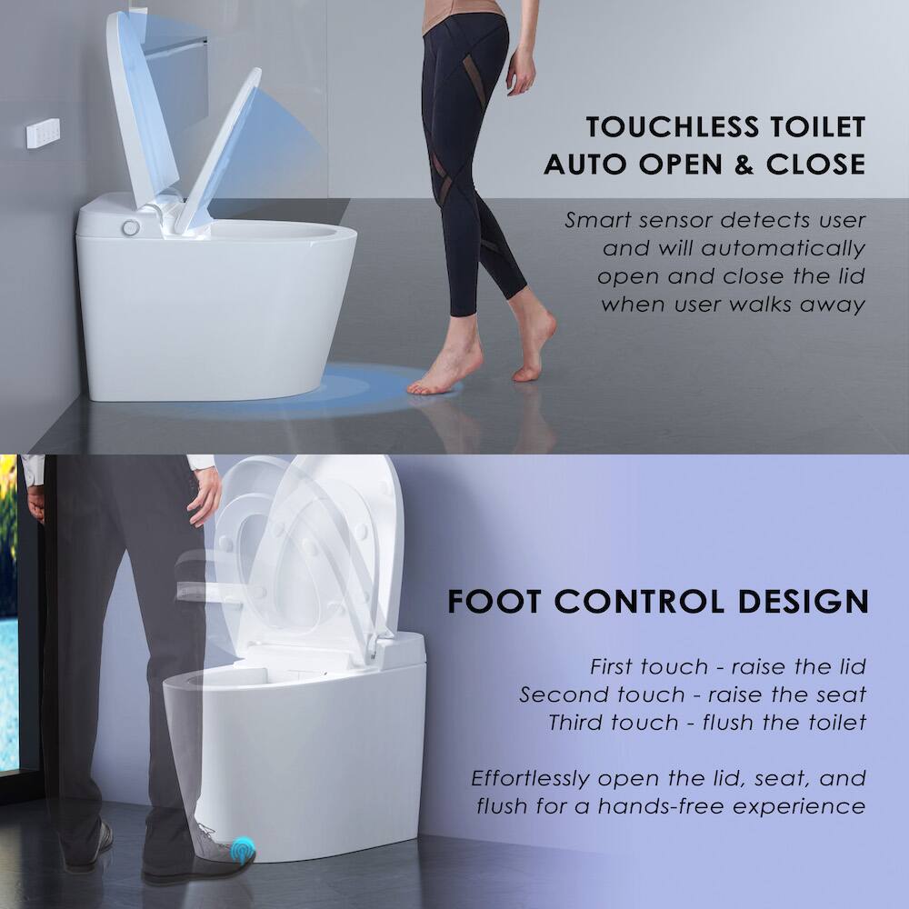 TOUCHLESS TOILET AUTO OPEN & CLOSE Smart sensor detects user and will automatically open and close the lid when user walks away

FOOT CONTROL DESIGN
First touch - raise the lid
Second touch - raise the seat
Third touch - flush the toilet
Effortlessly open the lid, seat, and flush for a hands-free experience