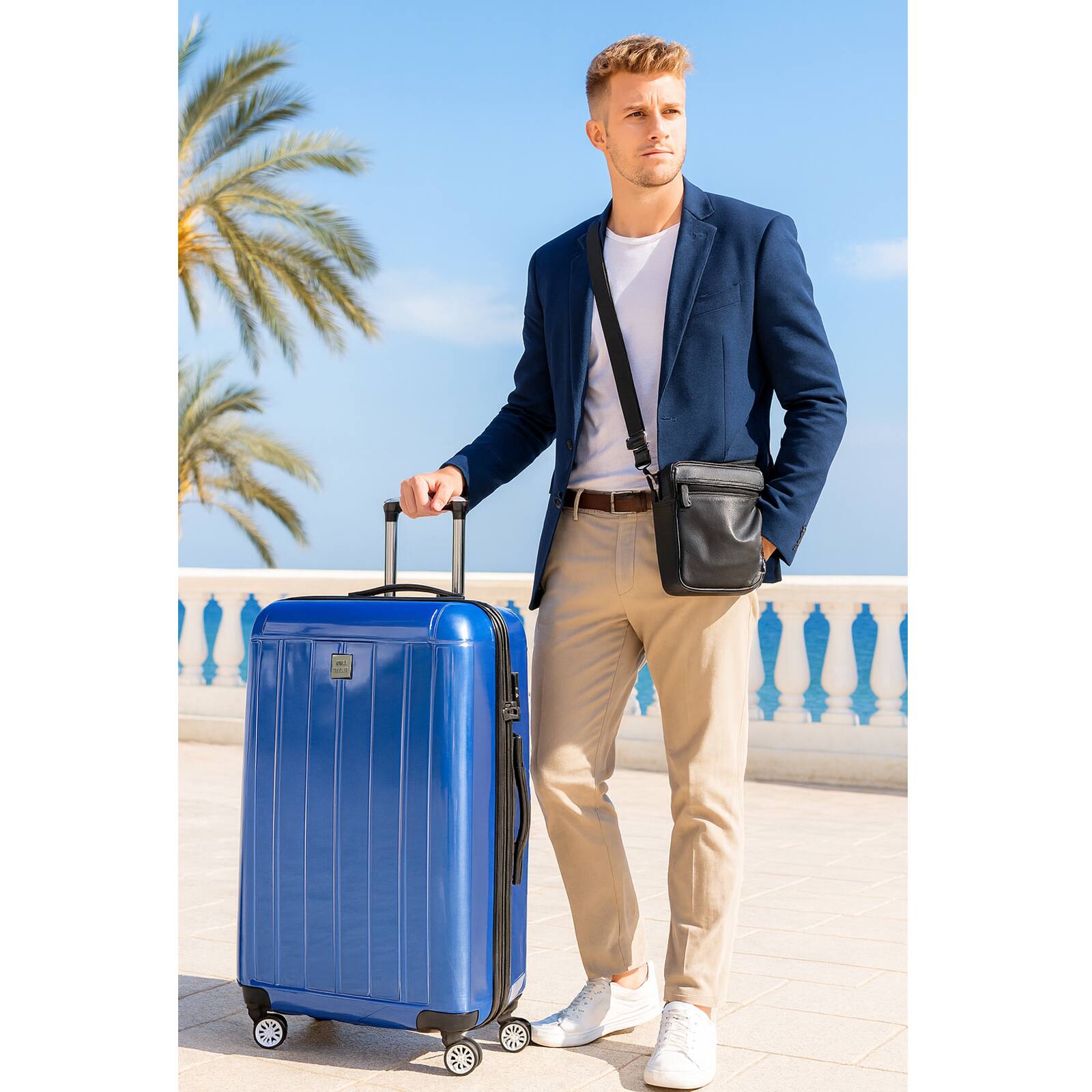 Angle. World Traveler - Contour 28-Inch Lightweight Polycarbonate Hardside Expandable Spinner Luggage with TSA Lock - Blue.