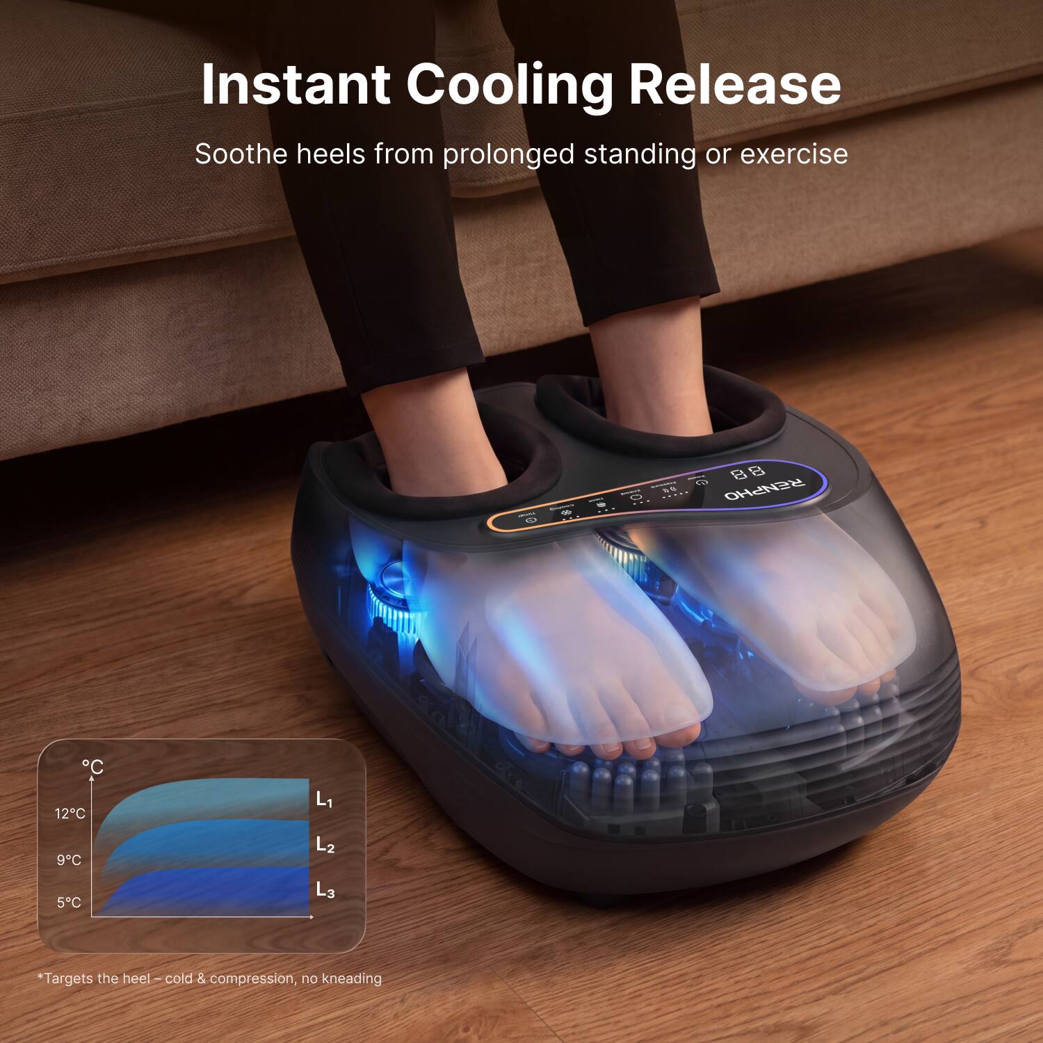 Instant Cooling Release  
Soothe heels from prolonged standing or exercise  

C 12C  
L1  
9C  
L2  
5C  
L3  

*Targets the heel - cold & compression, no kneading