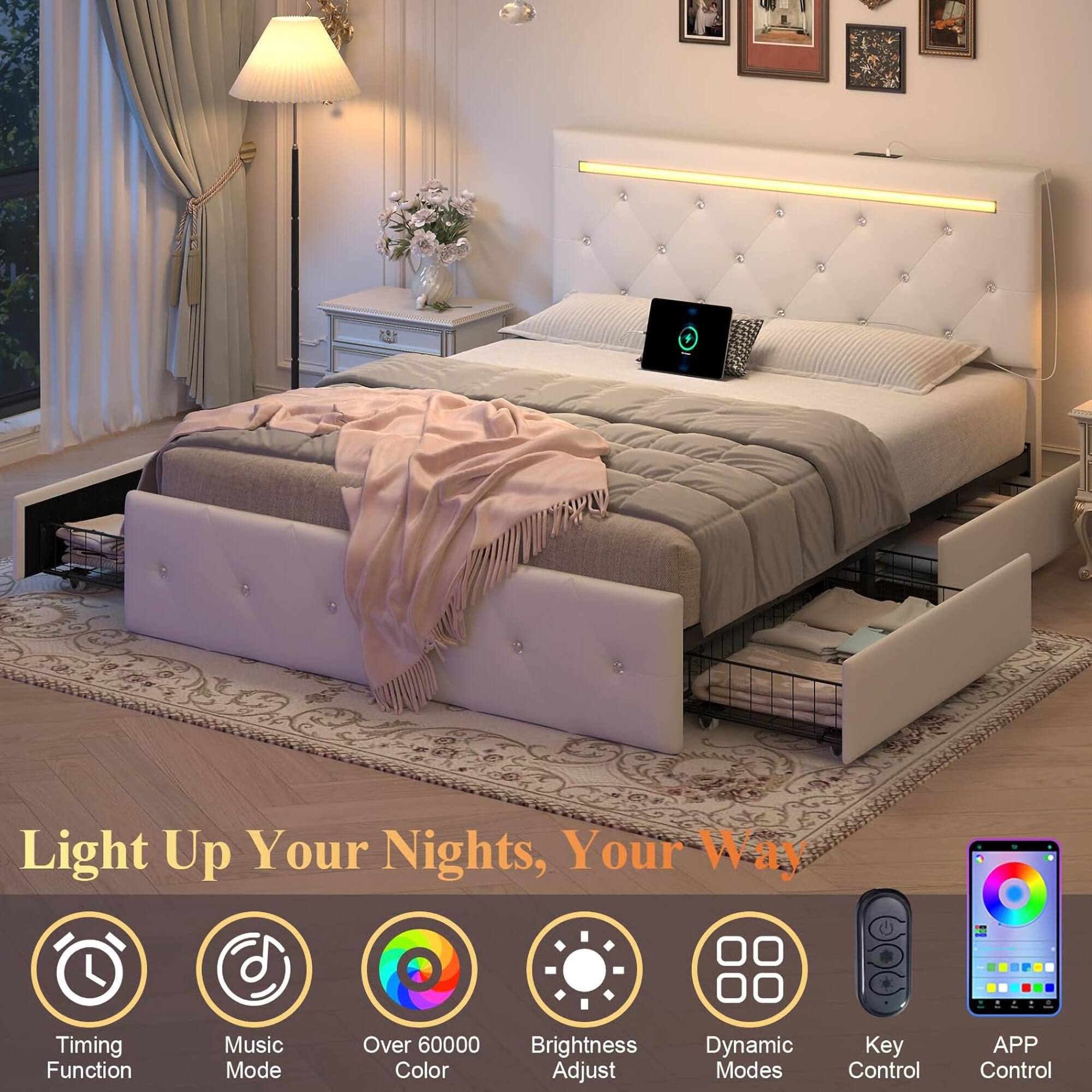 Light Up Your Nights, Your Way

- Timing Function
- Music Mode
- Over 60000 Color
- Brightness Adjust
- Dynamic Modes
- Key Control
- APP Control