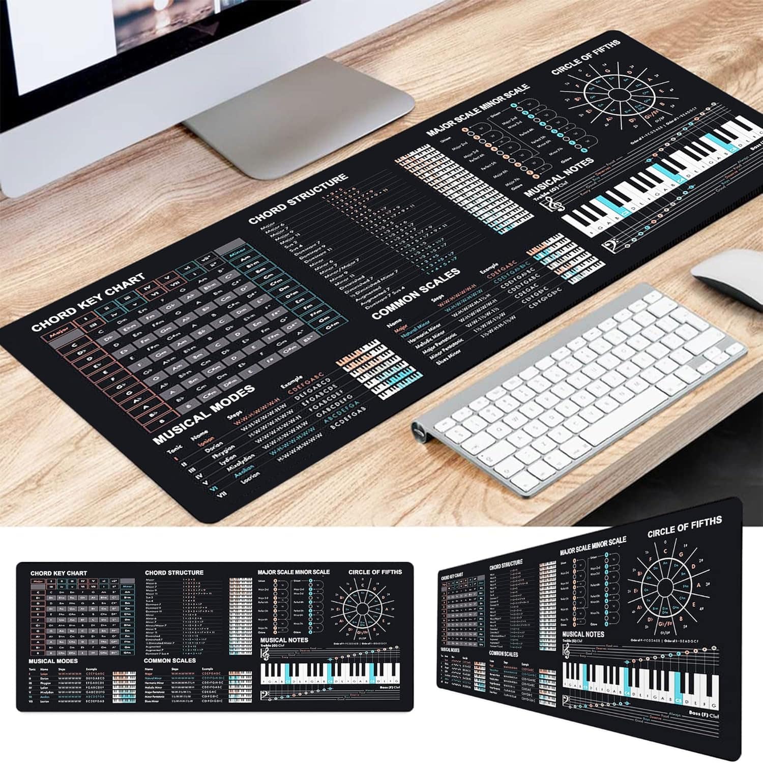 Designfullprint - Music Theory Reference Mouse Pad – Chords, Scales & Piano Cheat Sheet Desk Mat for Musicians KMH - Multicolor