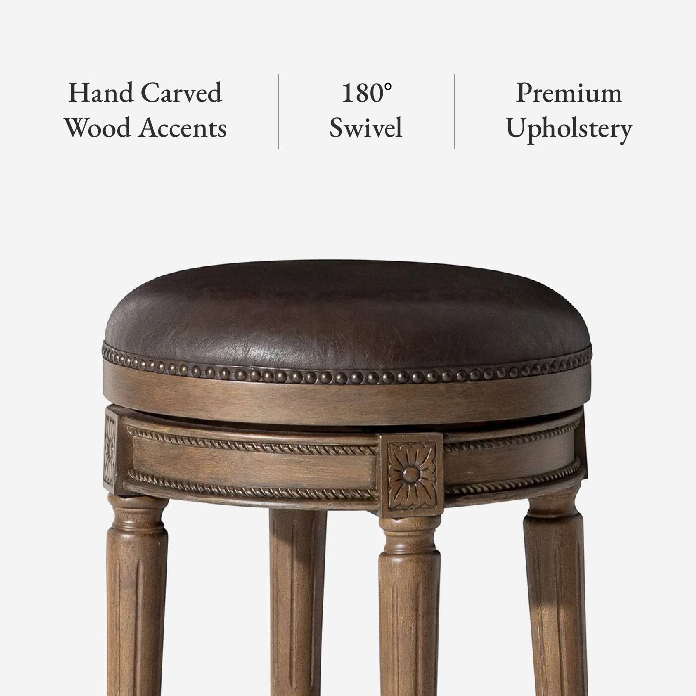 Hand Carved Wood Accents, 180° Swivel, Premium Upholstery