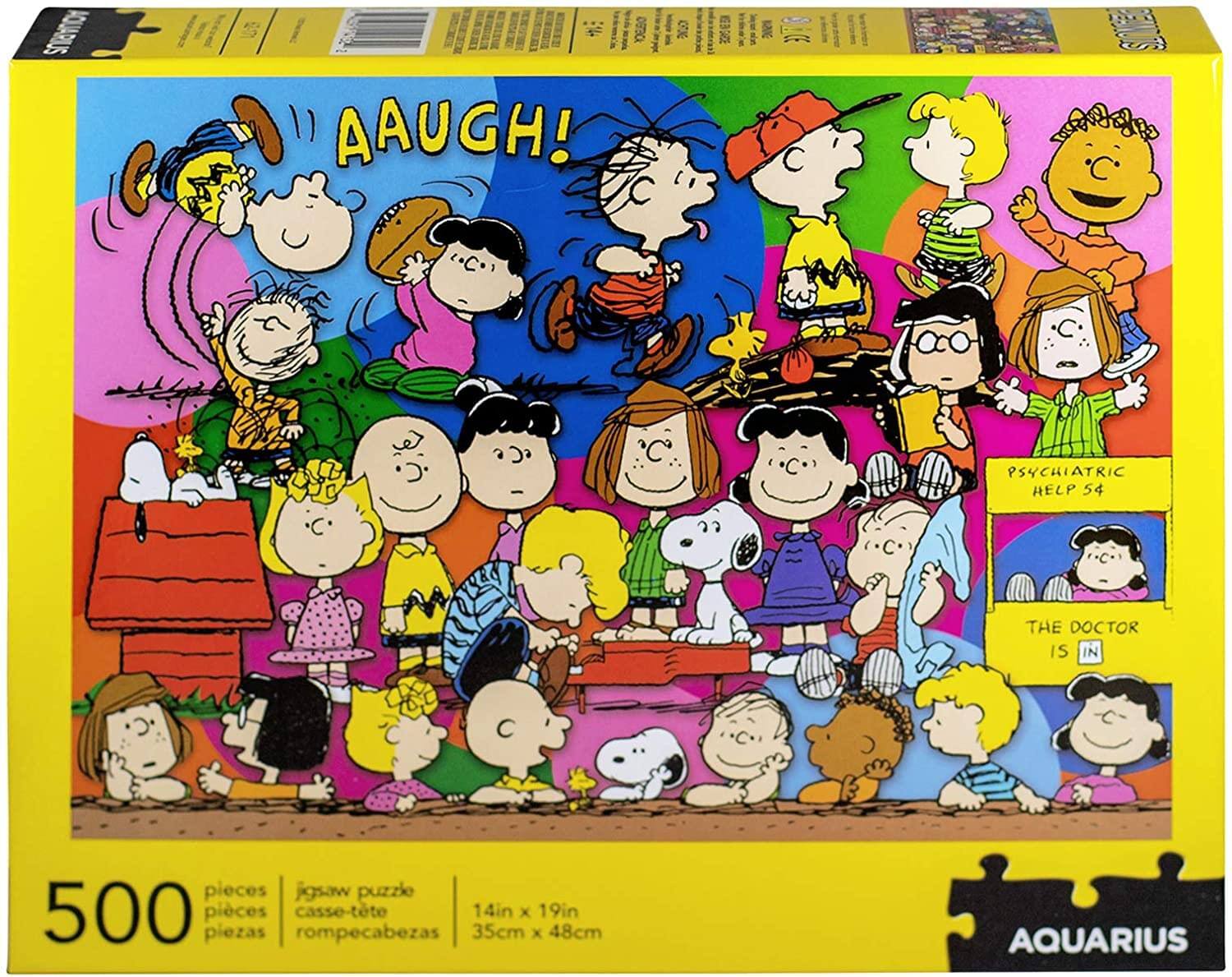 Sure, here is the corrected and grouped text from the image:

---

**AAUGH!**

**PSYCHIATRIC HELP 54**

**THE DOCTOR IS IN**

**500 pieces**

**jigsaw puzzle**

**casse-tête**

**rompecabezas**

**14in x 19in**

**35cm x 48cm**

**AQUARIUS**

---