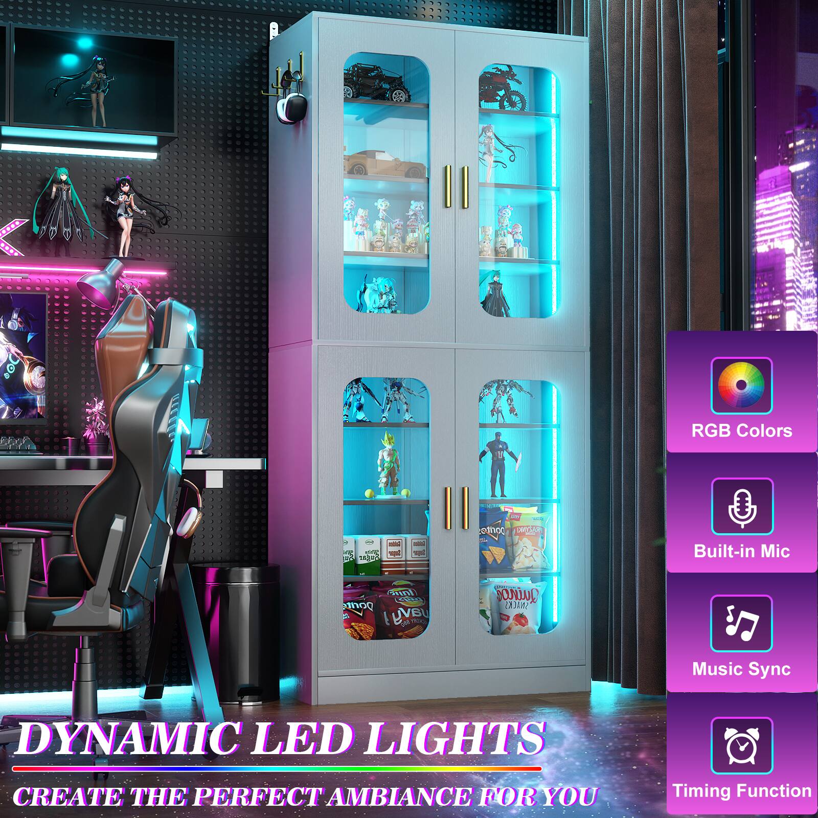 RGB Colors  
Built-in Mic  
Music Sync  
Timing Function  

DYNAMIC LED LIGHTS  
CREATE THE PERFECT AMBIANCE FOR YOU