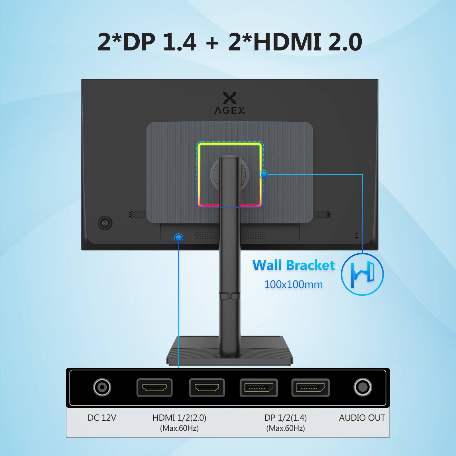 2*DP 1.4 + 2*HDMI 2.0

X AGEX

Wall Bracket 100x100mm

DC 12V

HDMI 1/2(2.0) (Max.60Hz)

DP 1/2(1.4) (Max.60Hz)

AUDIO OUT