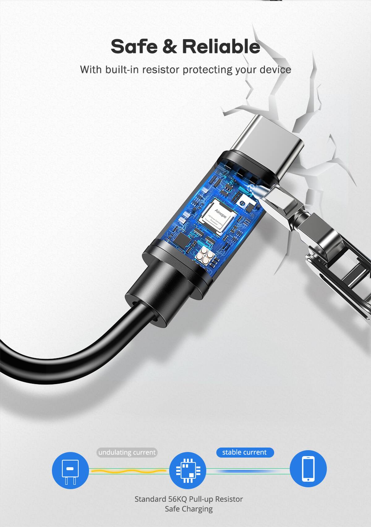 Safe & Reliable  
With built-in resistor protecting your device  

Ainope  
undulating current  
stable current  
Standard 56KQ Pull-up Resistor Safe Charging
