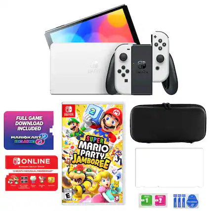 The text on the image reads: "Nintendo Switch Deluxe 12 Month Individual Membership - Mario Kart Deluxe 8 - Super Mario Party - Online Jamboree - Full Game Download Included - Mario Kart 8 Deluxe - Super Mario Party - Online Jamboree - Nintendo Switch."