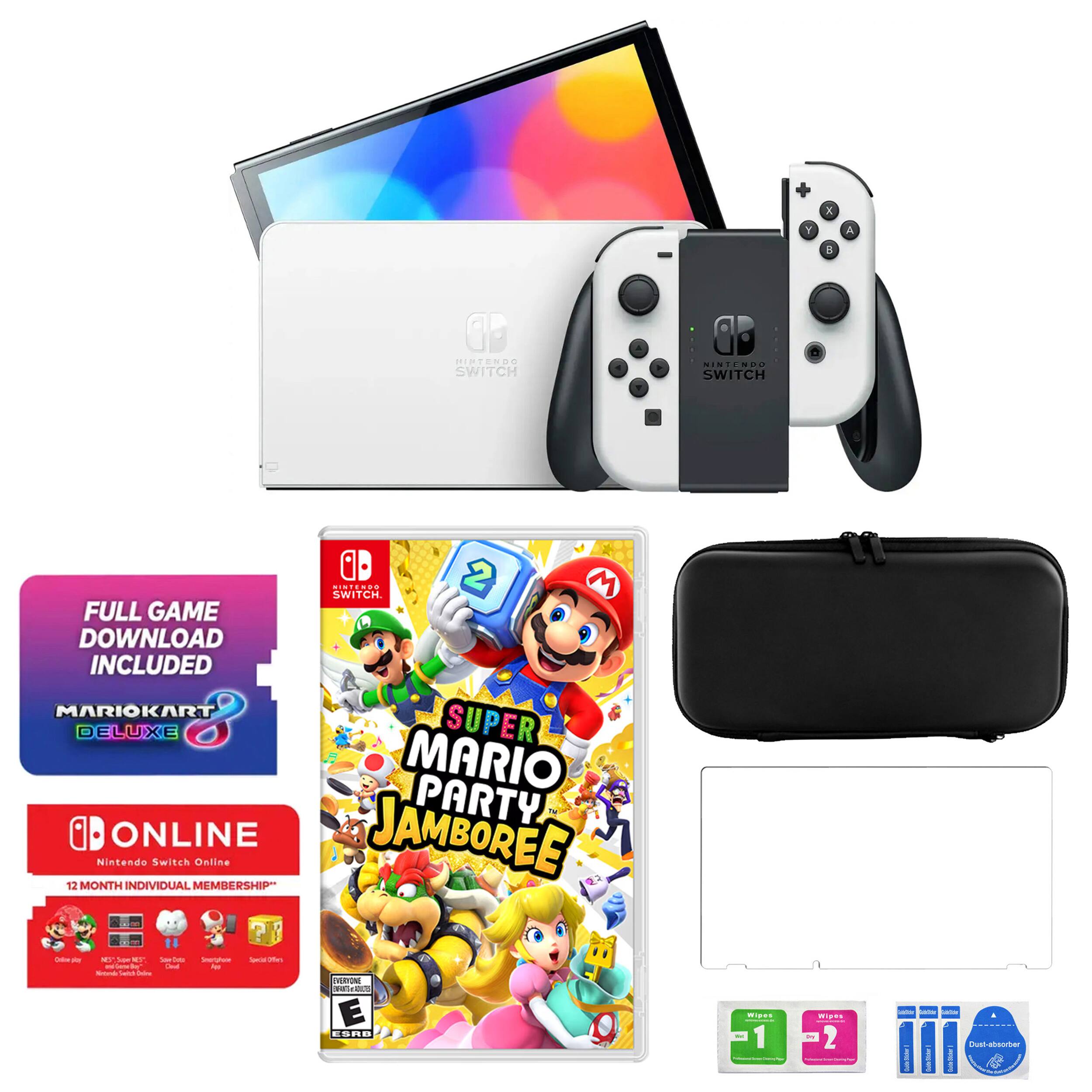The text on the image reads: "Nintendo Switch Deluxe 12 Month Individual Membership - Mario Kart Deluxe 8 - Super Mario Party - Online Jamboree - Full Game Download Included - Mario Kart 8 Deluxe - Super Mario Party - Online Jamboree - Nintendo Switch."