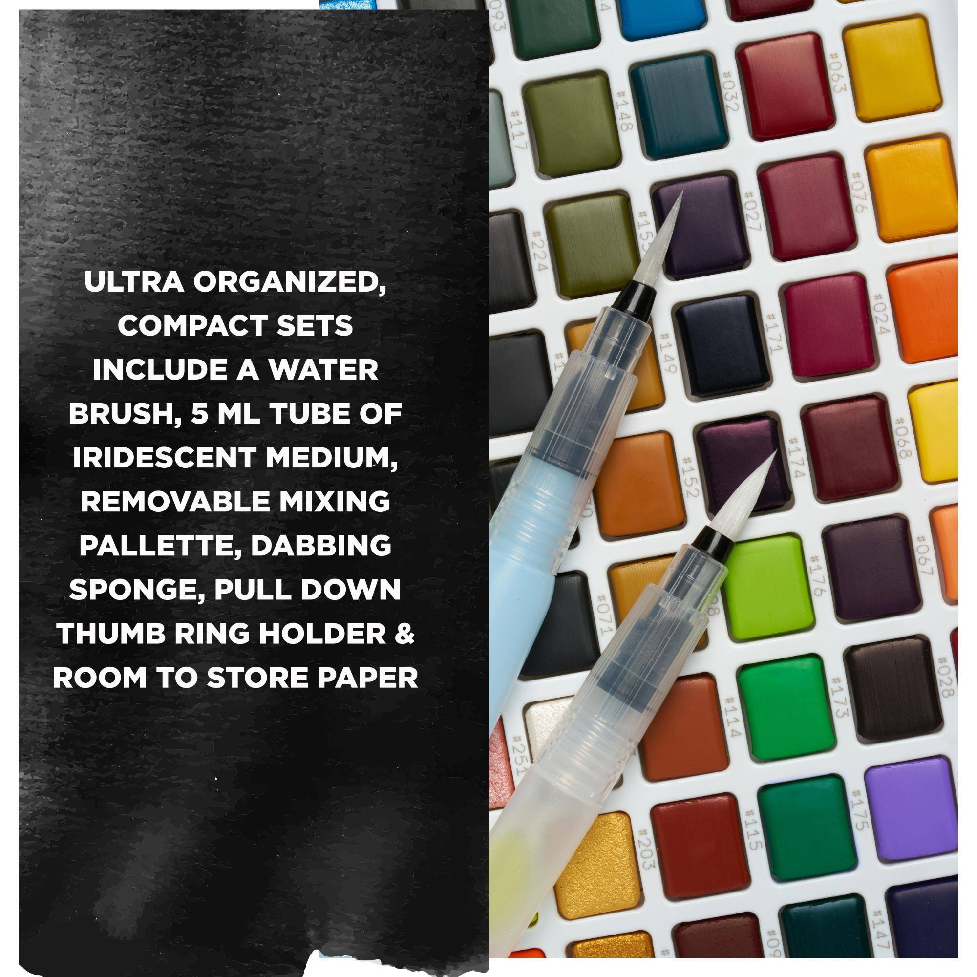 ULTRA ORGANIZED, COMPACT SETS INCLUDE A WATER BRUSH, 5 ML TUBE OF IRIDESCENT MEDIUM, REMOVABLE MIXING PALLETTE, DABBING SPONGE, PULL DOWN THUMB RING HOLDER & ROOM TO STORE PAPER