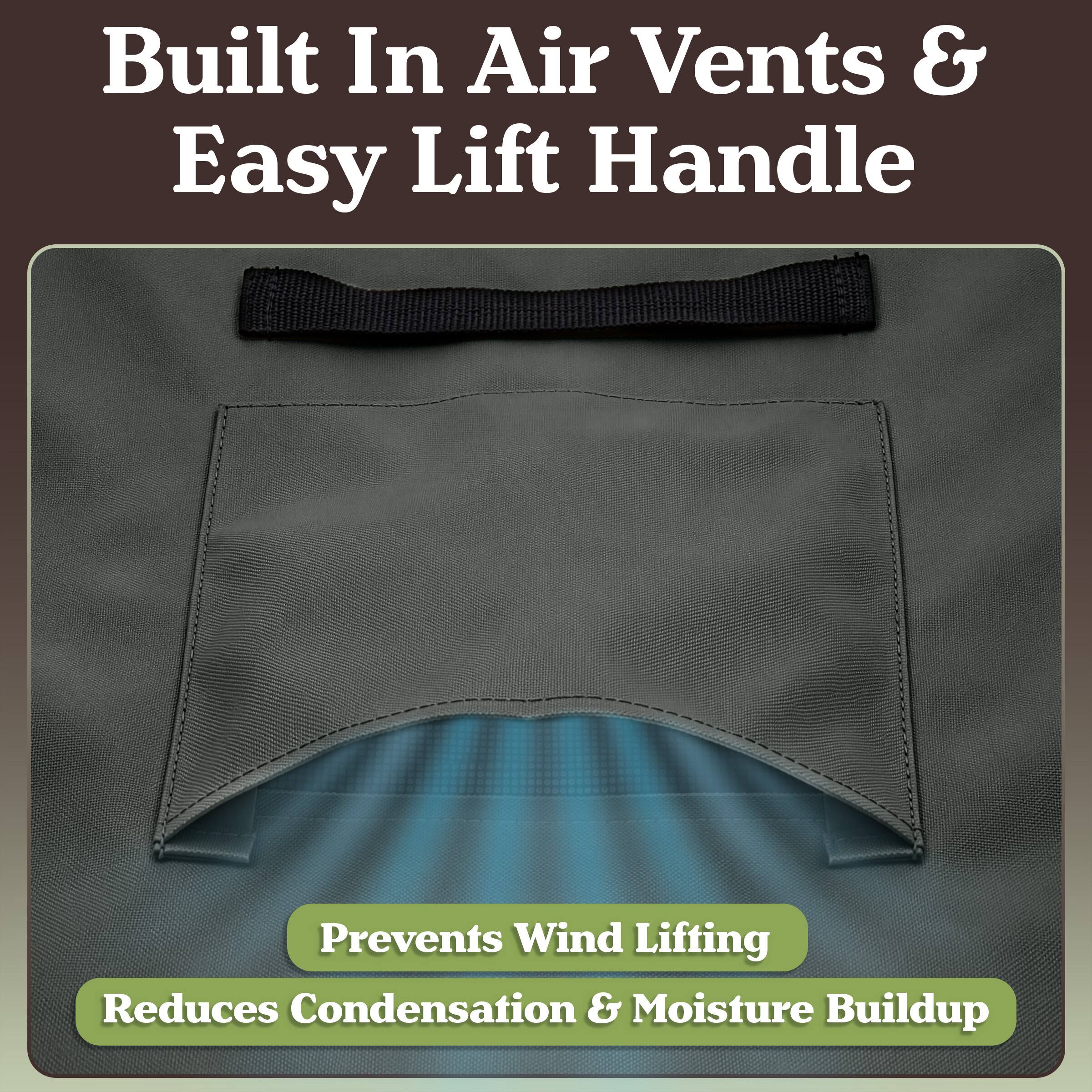 Built In Air Vents & Easy Lift Handle  
Prevents Wind Lifting  
Reduces Condensation & Moisture Buildup