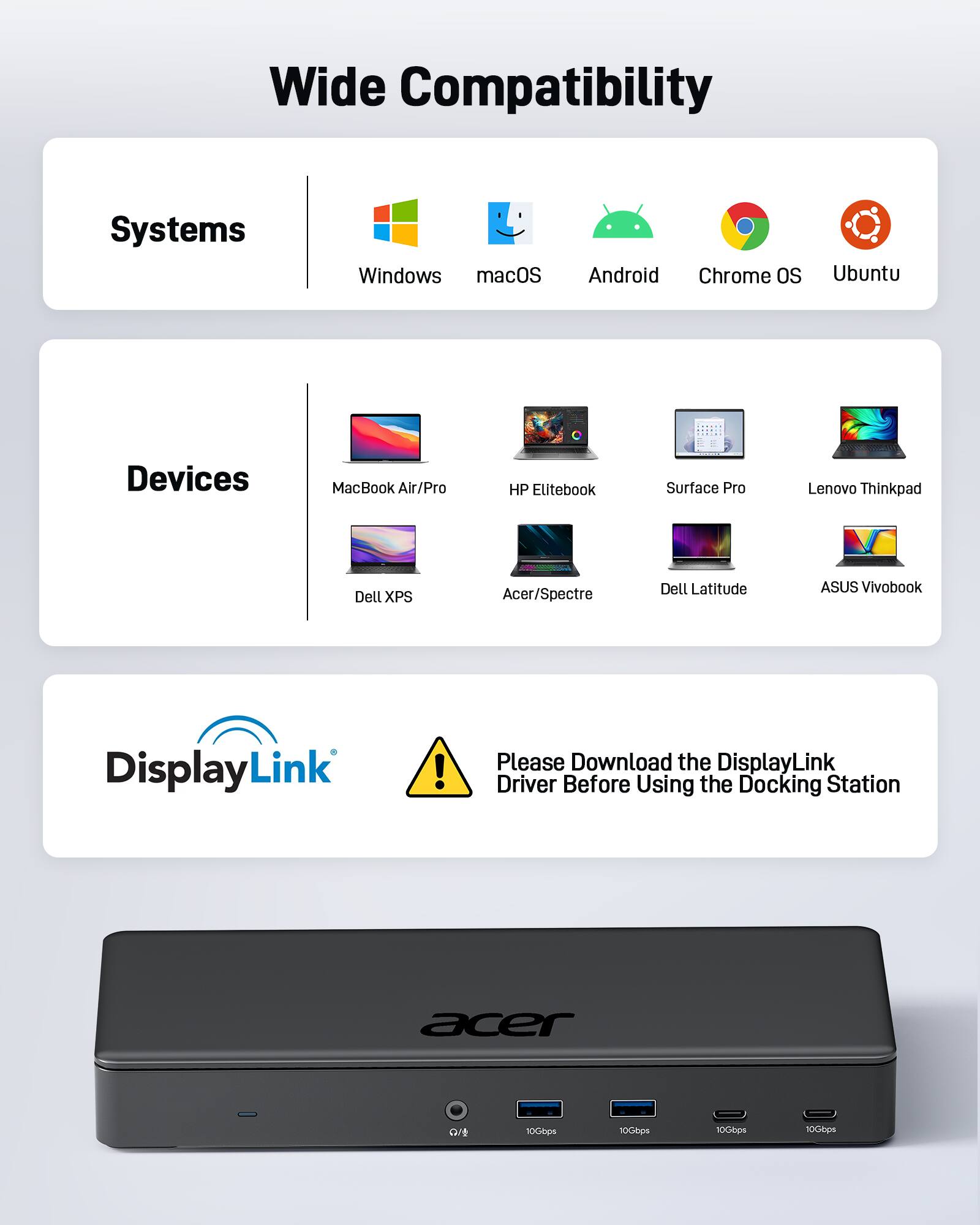 Wide Compatibility

Systems
- Windows
- macOS
- Android
- Chrome OS
- Ubuntu

Devices
- MacBook Air/Pro
- HP Elitebook
- Surface Pro
- Lenovo Thinkpad
- Dell XPS
- Acer/Spectre
- Dell Latitude
- ASUS Vivobook

DisplayLink

Please Download the DisplayLink Driver Before Using the Docking Station

acer

10Gbps