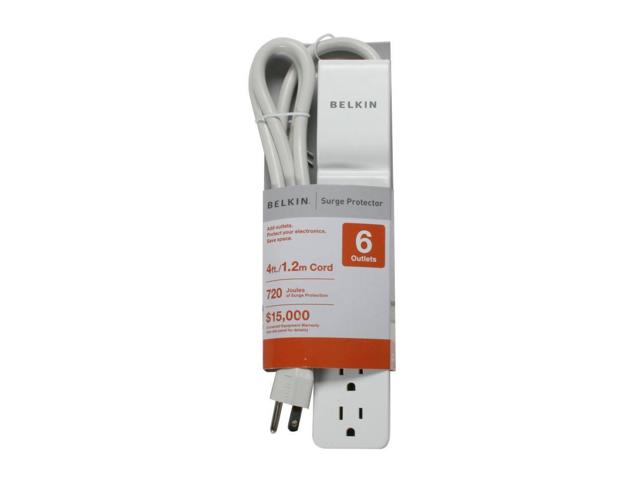 BELKIN Surge Protector

Add outlets. Protect your electronics. Save space.

4ft./1.2m Cord

6 Outlets

720 Joules of Surge Protection

$15,000 Connected Equipment Warranty