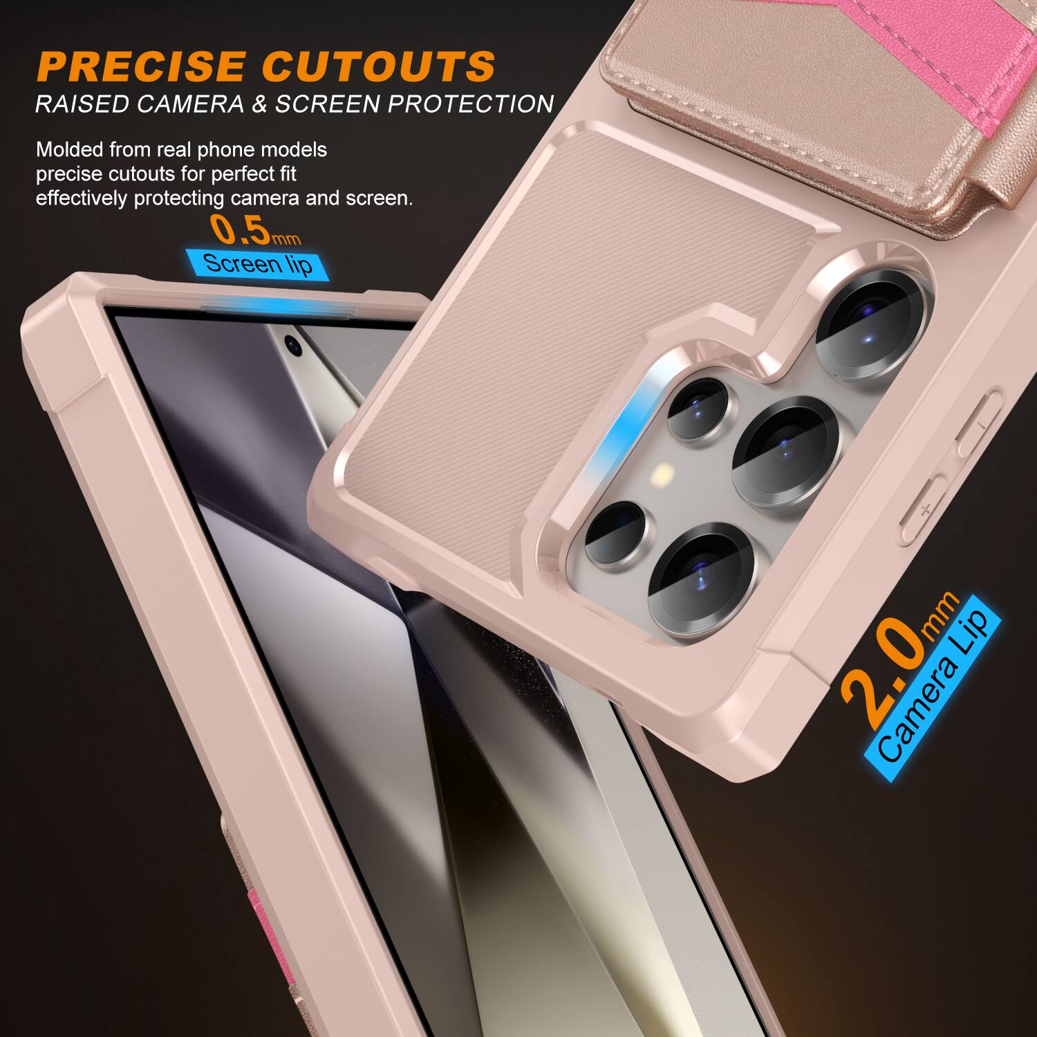 PRECISE CUTOUTS  
RAISED CAMERA & SCREEN PROTECTION  

Molded from real phone models, precise cutouts for perfect fit, effectively protecting camera and screen.  

0.5mm Screen Lip  
2.0mm Camera Lip
