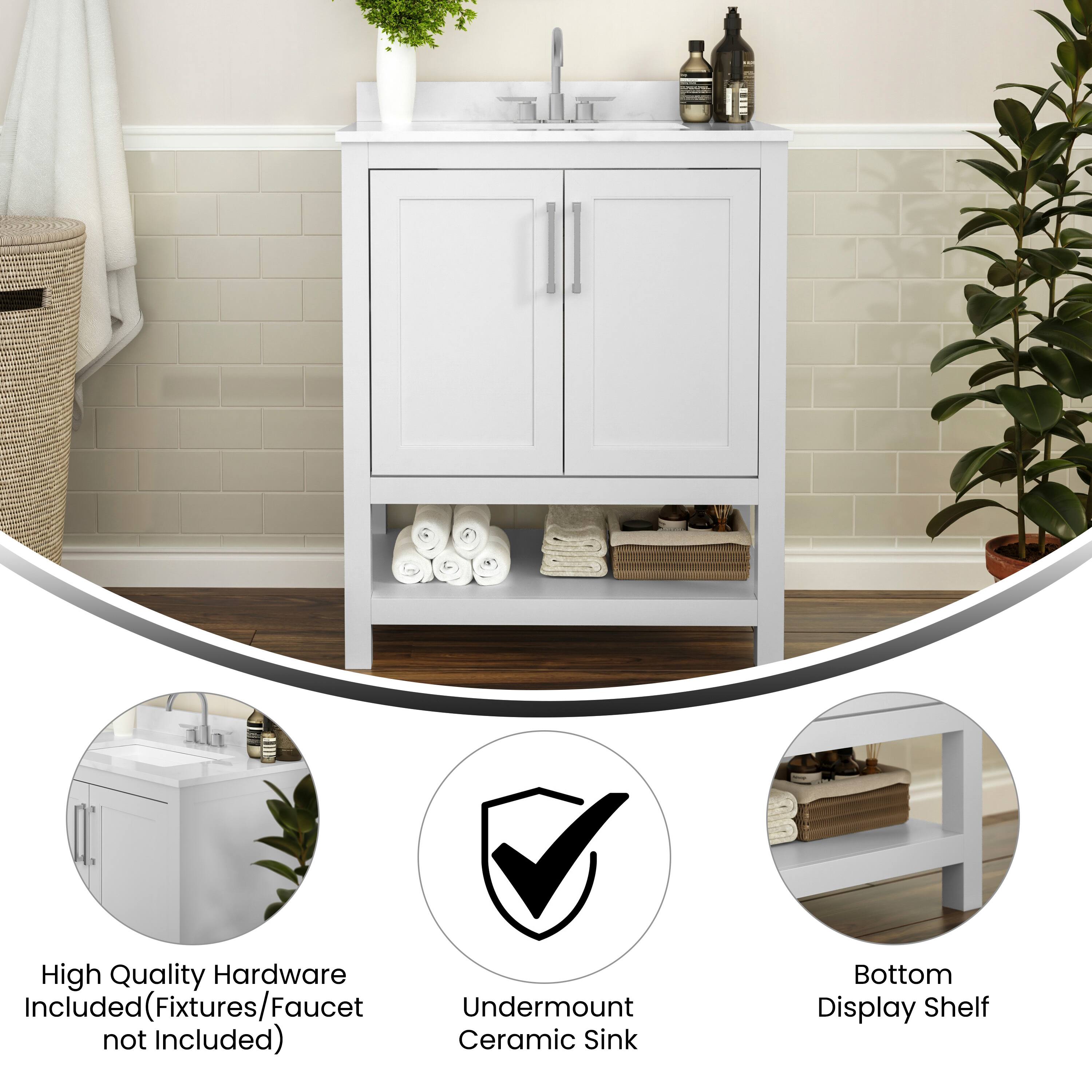 High Quality Hardware Included (Fixtures/Faucet not Included)  
Undermount Ceramic Sink  
Bottom Display Shelf