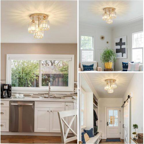 Back. LUCKY ONE - 10.6in Semi Flush Mount Crystal Ceiling Light, 3-Light Modern Gold Fixture for Kitchen Hallway Bedroom - Golden.
