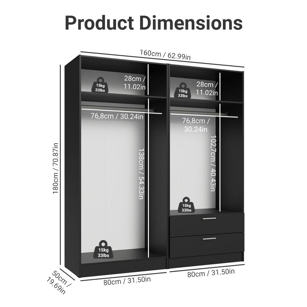 Product Dimensions

- Width: 160cm / 62.99in
- Height: 180cm / 70.87in
- Depth: 50cm / 19.69in

Shelf Dimensions:
- 28cm / 11.02in (Width)
- 76.8cm / 30.24in (Height)
- 102.7cm / 40.43in (Height)

Drawer Dimensions:
- 80cm / 31.50in (Width)
- 76.8cm / 30.24in (Height)

Weight Capacity:
- 15kg / 33lbs

Additional Dimensions:
- 80cm / 31.50in (Width)
- 76.8cm / 30.24in (Height)