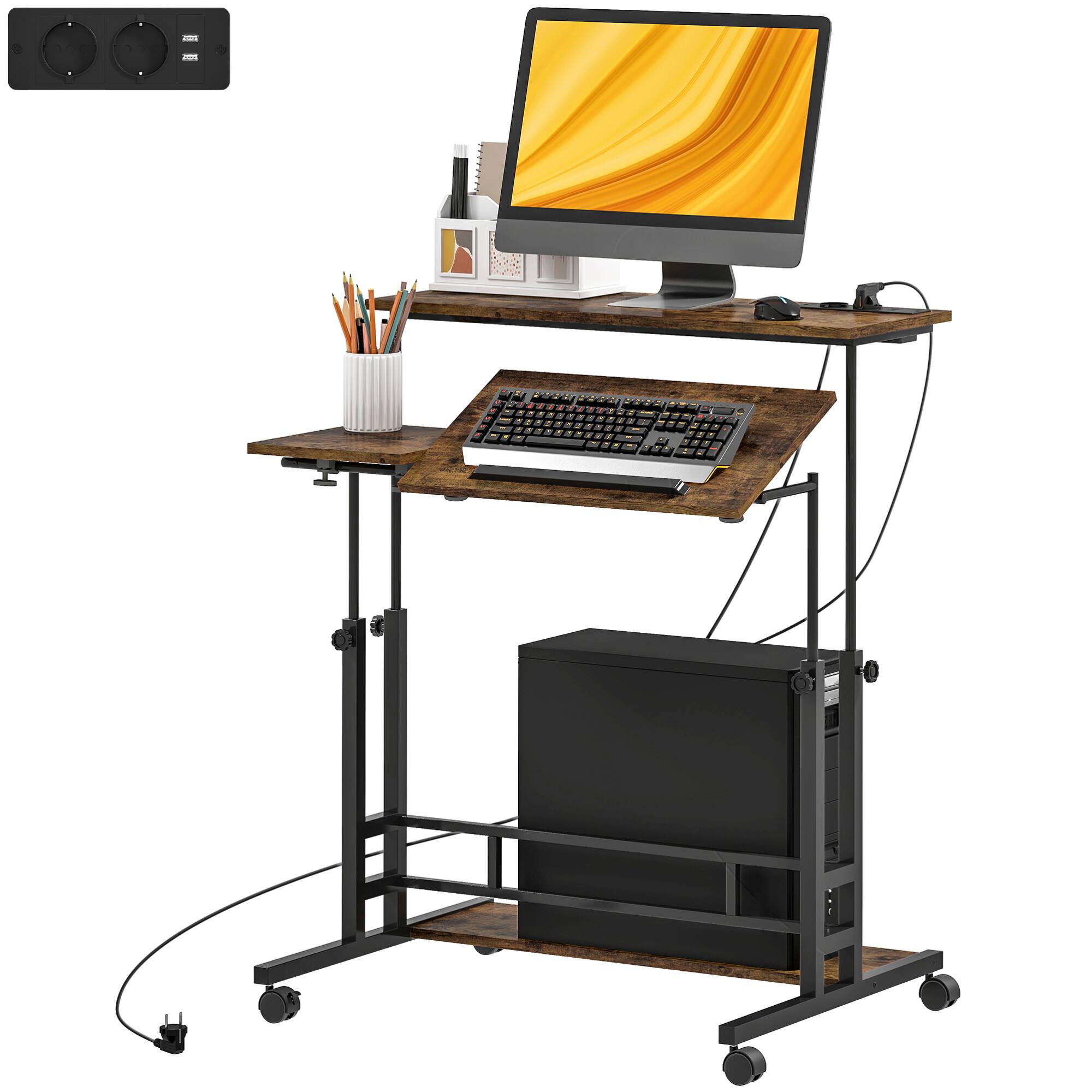 Alt View 3. GOODSILO - Adjustable Standing Desk with Tiltable Tabletop, Mobile Casters, and Built-in Charging Station - Brown.