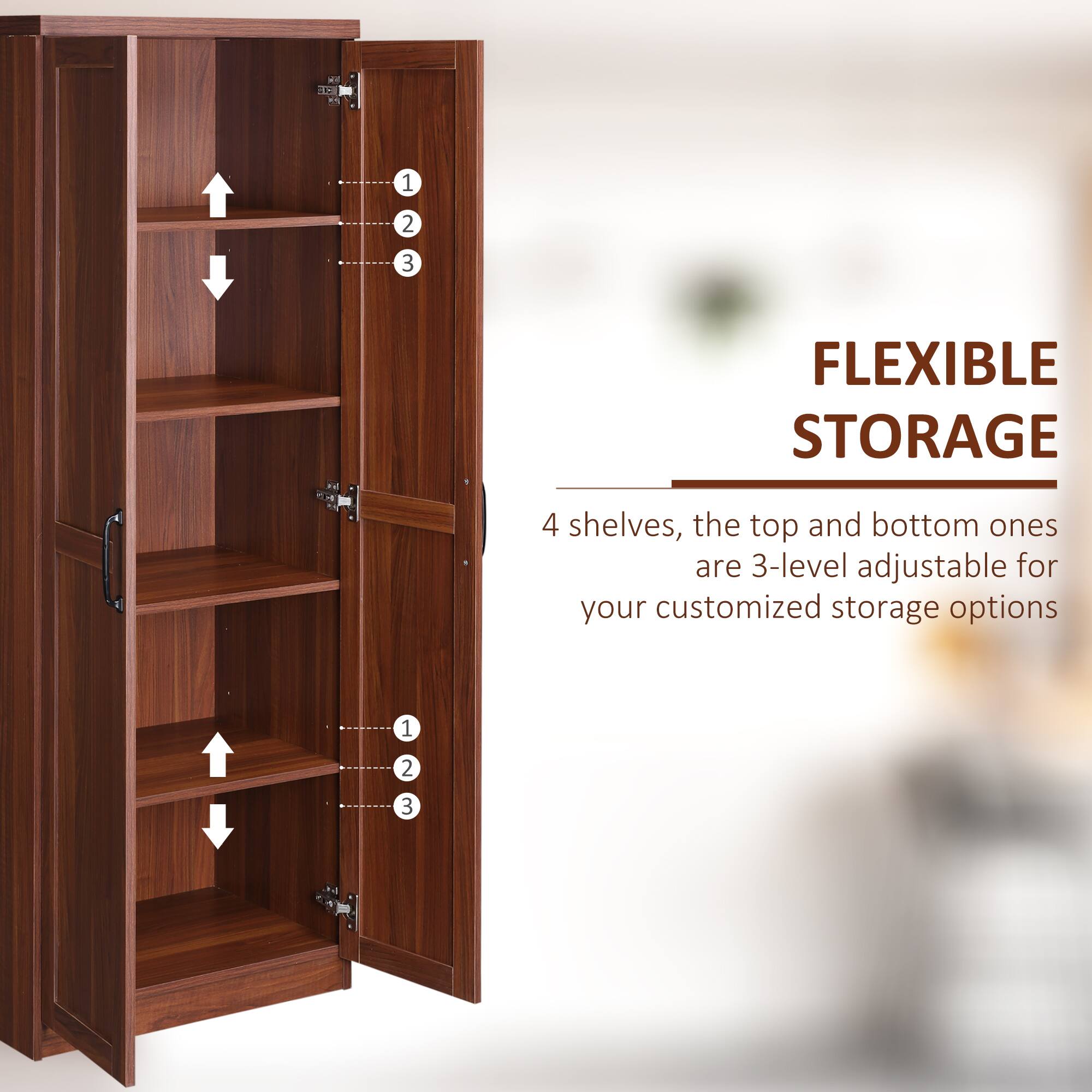 FLEXIBLE STORAGE, 4 shelves, the top and bottom ones are 3-level adjustable for your customized storage options, 1 2 3