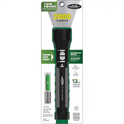 TWIN POWER RECHARGEABLE POLICE SECURITY FLASHLIGHT - 2000 LUMENS
CHOOSE YOUR POWER
- RECHARGEABLE BATTERY (FOR EVERYDAY USE)
- AA BATTERIES (FOR EMERGENCIES)
INCLUDES:
- ALL-IN-ONE BATTERY CARTRIDGE
- RECHARGEABLE BATTERY (BUILT-IN)
- 3 AA BATTERIES
RECHARGEABLE BATTERY
- 6 HR RUN TIME
ALKALINE BATTERIES
- 7 HR RUN TIME
MAXIMUM RUN TIME: 13 HR
LIFETIME WARRANTY