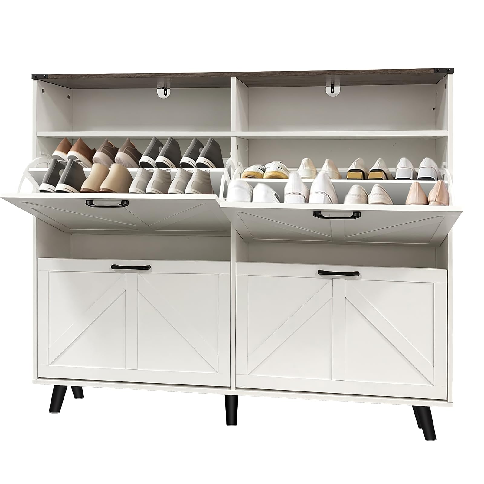 Alt View 4. Jojoka - 4-Drawer Shoe Cabinet with Barn Door, Slim Narrow Freestanding Shoe Rack w/Open Shelves & Adjustable Dividers - White.