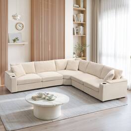 Boyel Living - L Shaped Sectional Sofa Corduroy Sectional Couch Storage & USB Charger Beige 5 Seat - Beige