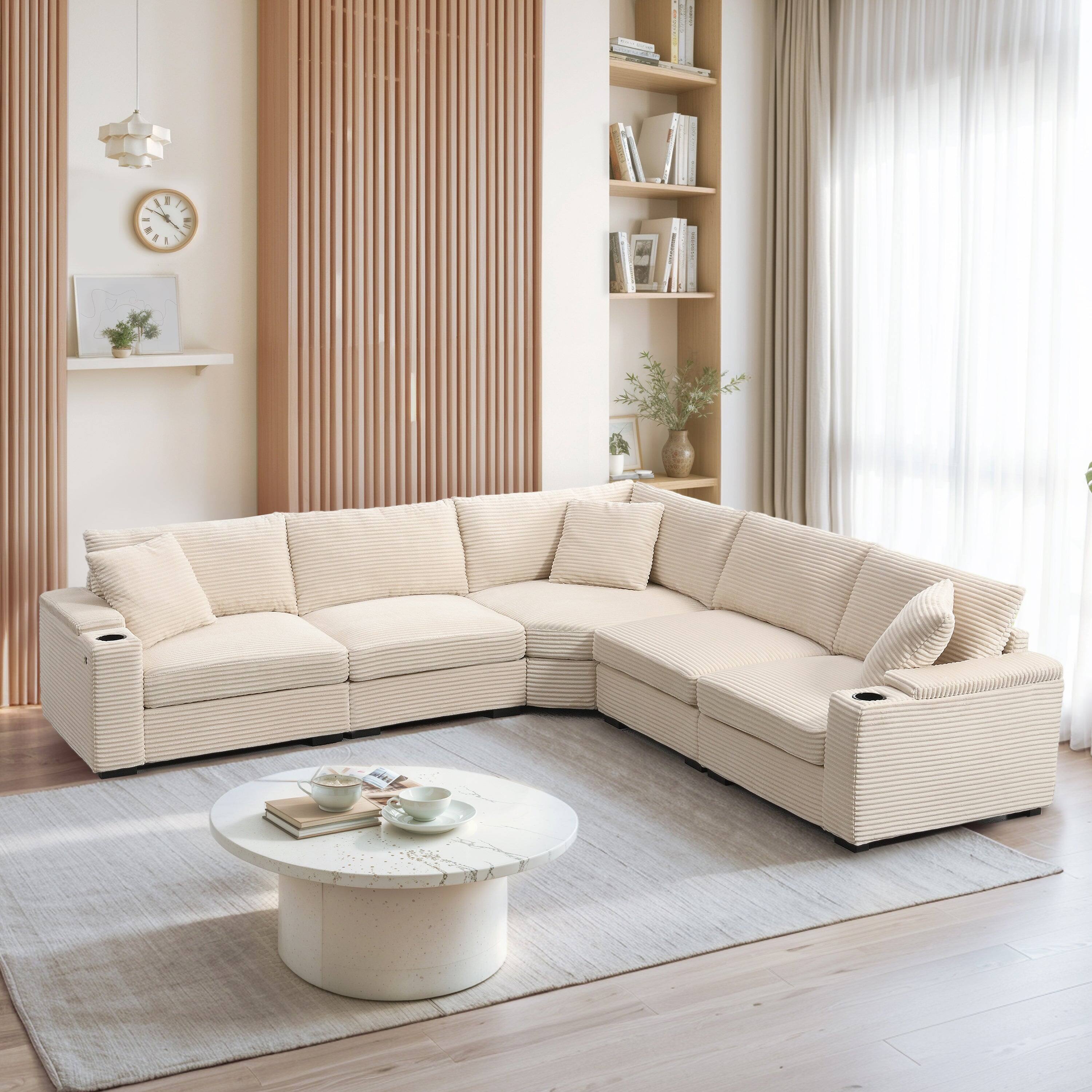 Front. Boyel Living - L Shaped Sectional Sofa Corduroy Sectional Couch Storage & USB Charger Beige 5 Seat - Beige.