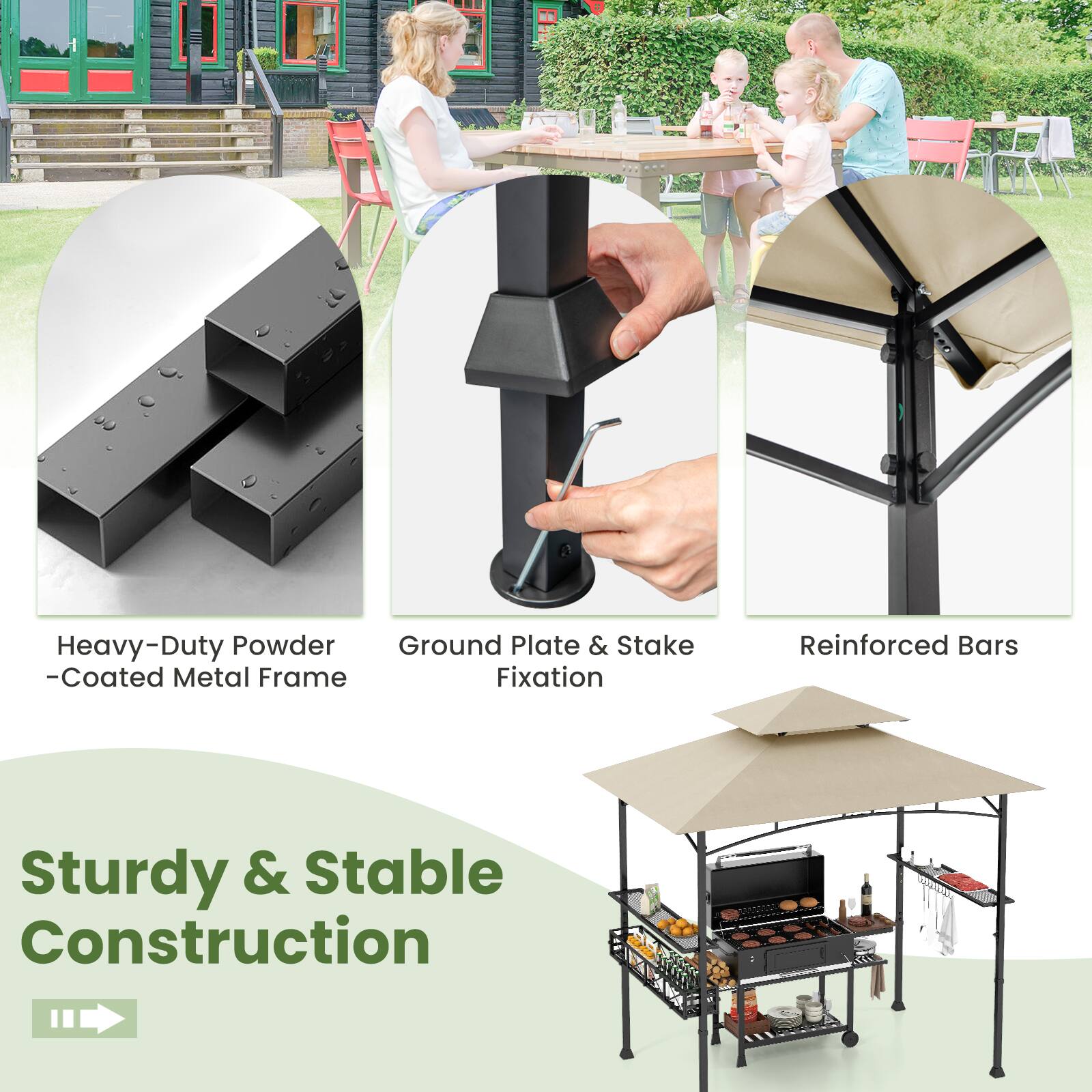 Heavy-Duty Powder-Coated Metal Frame  
Ground Plate & Stake Fixation  
Reinforced Bars  

Sturdy & Stable Construction