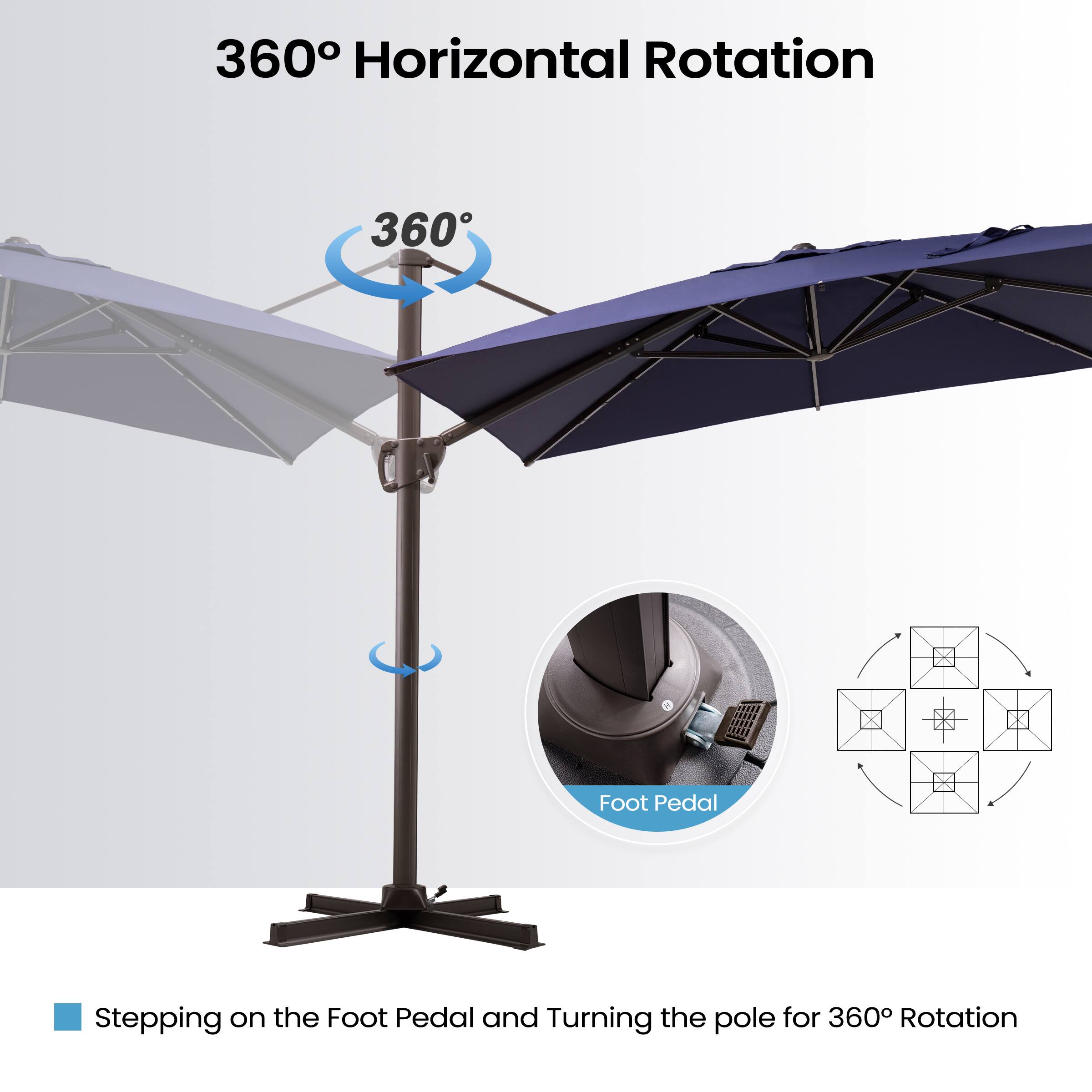 360° Horizontal Rotation

Stepping on the Foot Pedal and Turning the pole for 360° Rotation

Foot Pedal