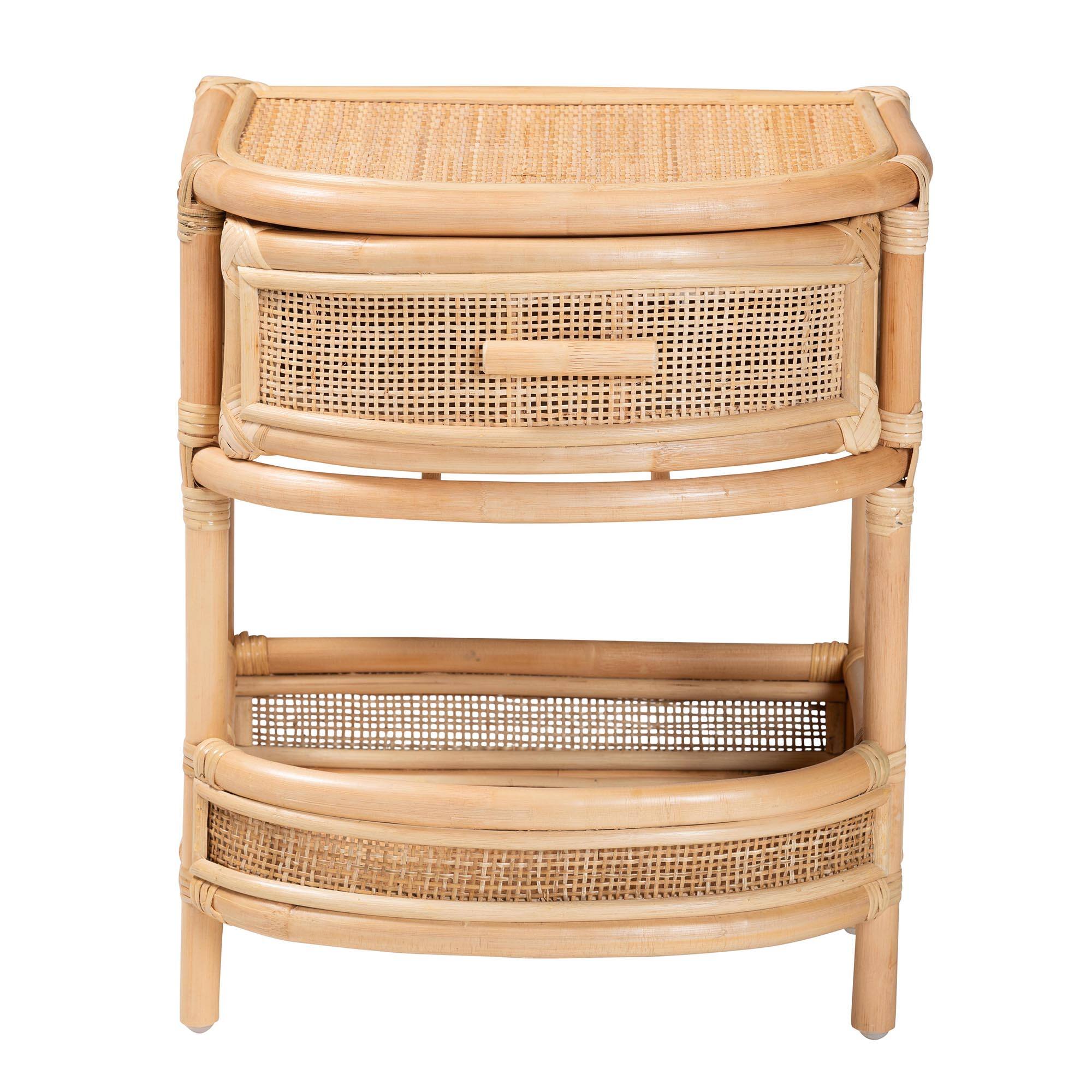 Left. bali & pari - Divitia Bohemian Natural Rattan 1-Drawer Nightstand - Natural.