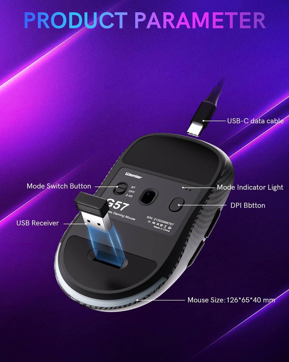 Womier G57 Wireless Gaming Mouse, 8000 DPI, 2.4G/Bluetooth/USB C