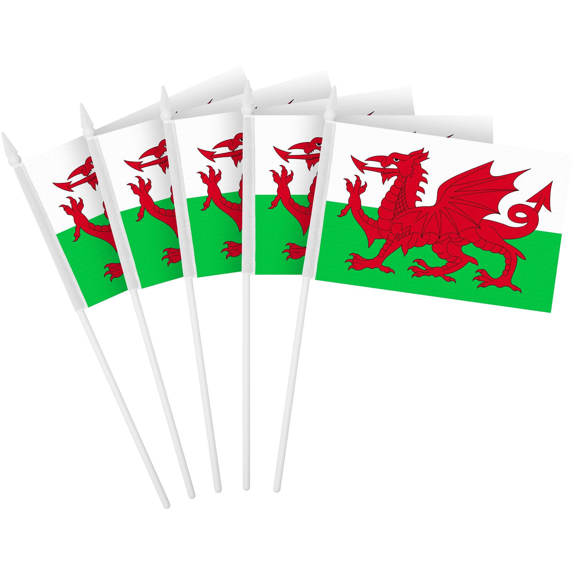 Front. G128 - 50-Pack Wales Handheld Stick Flags, 4 x 6 in — 150D Polyester with Plastic Pole and Spear Tip. - Assorted Colors.