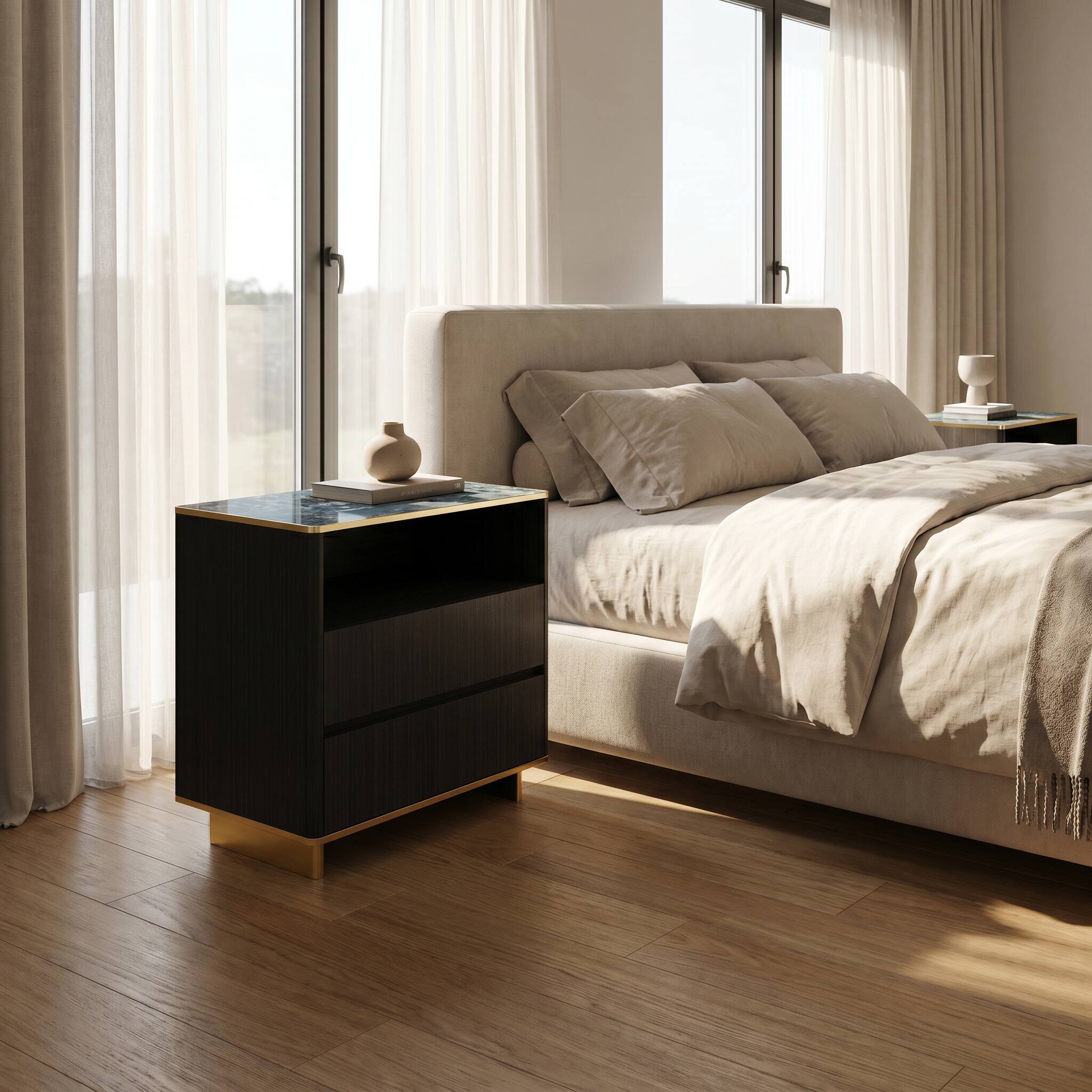 Back. Famapy - Modern Nightstand with LED Light & Charging Hub, Marble-Top Bedside Cabinet with Gold Legs & 2 Drawers Furniture - Black.