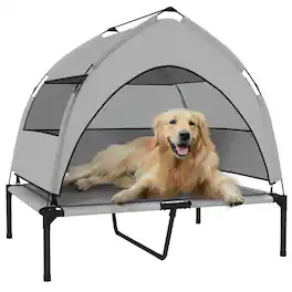 Pawhut - Elevated Bed, Raised Pet Bed with Removable Canopy, Breathable Mesh, Portable Pet Cot, 36" x 29.5" x 35" - Light Gray