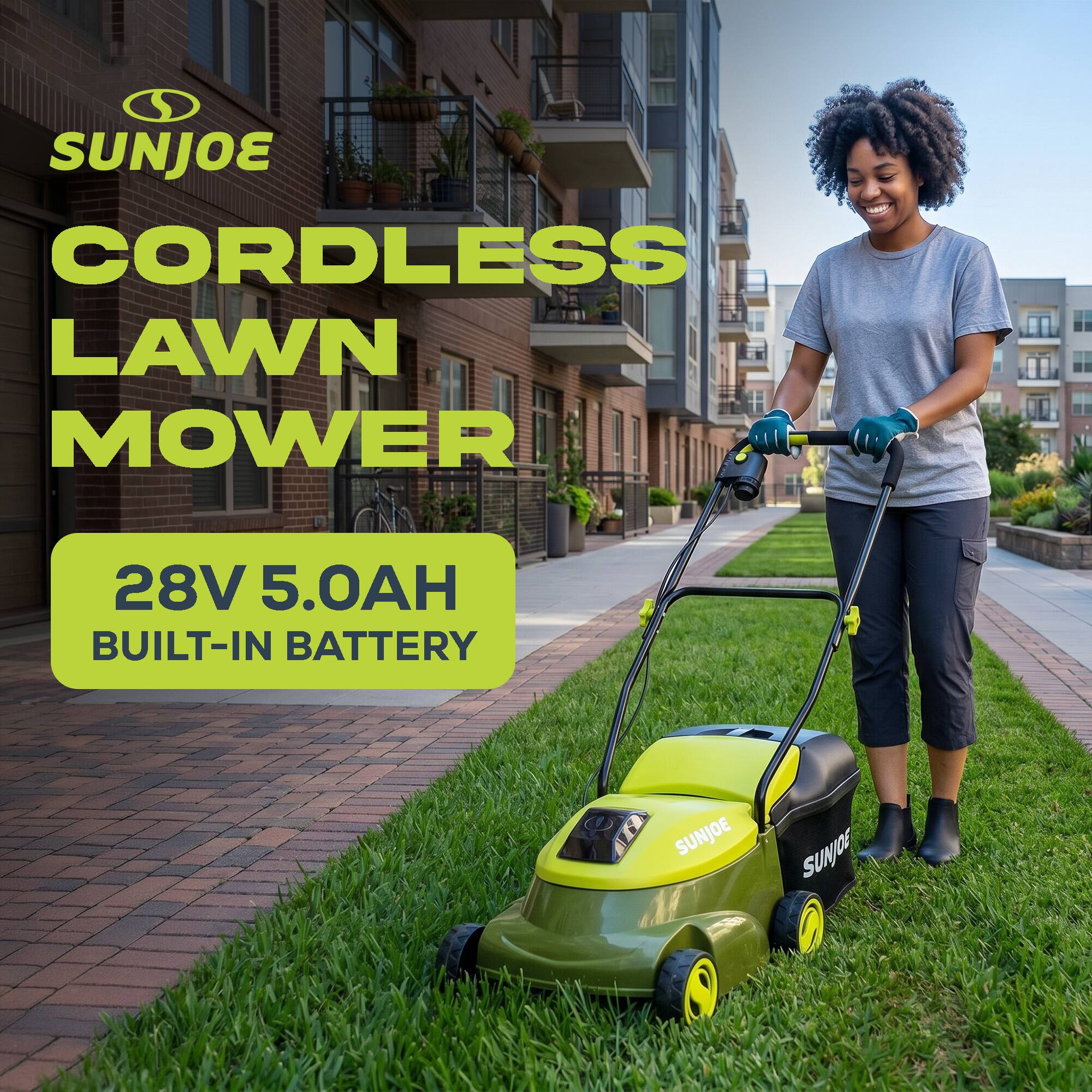 SUNJOE CORDLESS LAWN MOWER 28V 5.0AH BUILT-IN BATTERY
