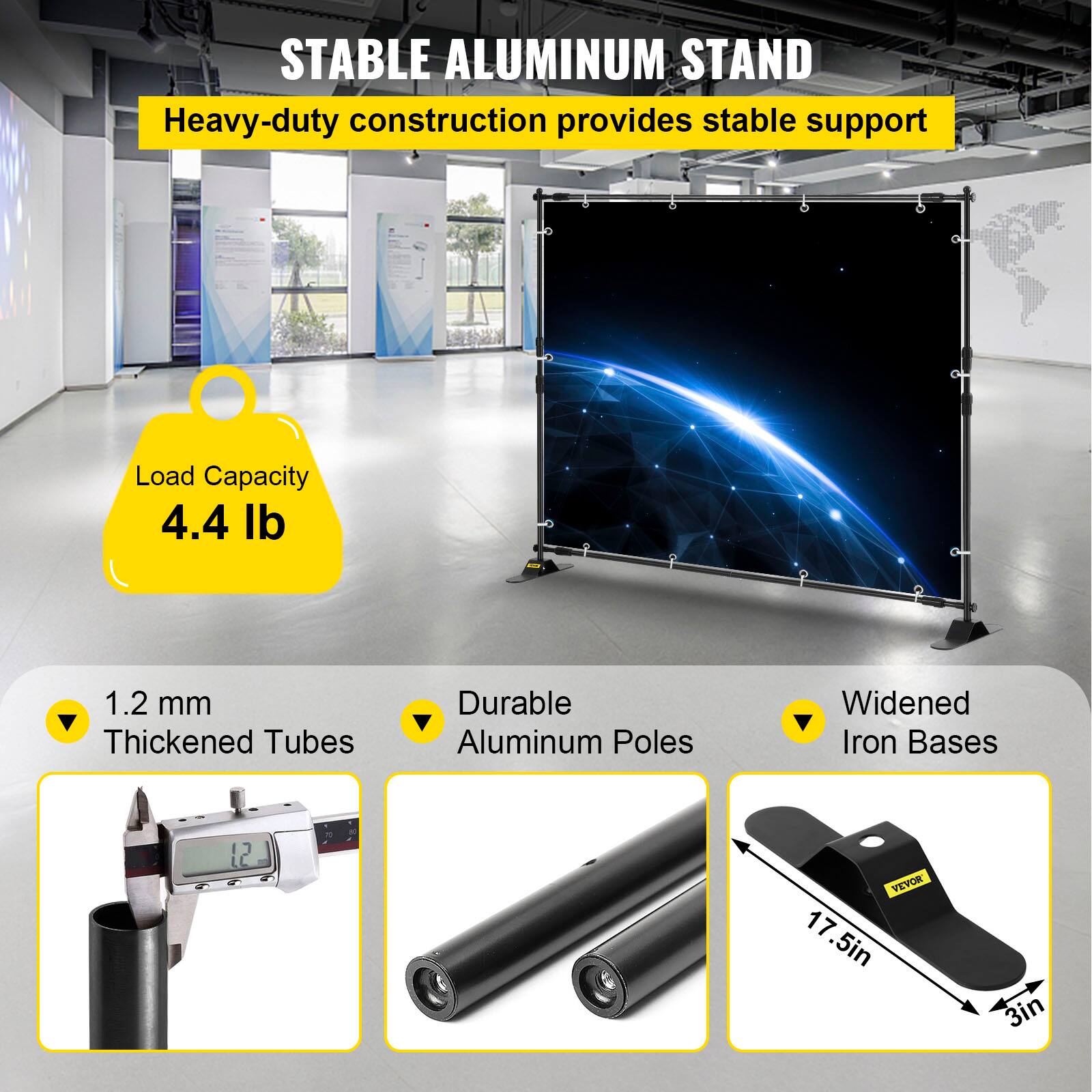 STABLE ALUMINUM STAND  
Heavy-duty construction provides stable support  

Load Capacity  
4.4 lb  

1.2 mm Thickened Tubes  
Durable Aluminum Poles  
Widened Iron Bases  

17.5in  
3in